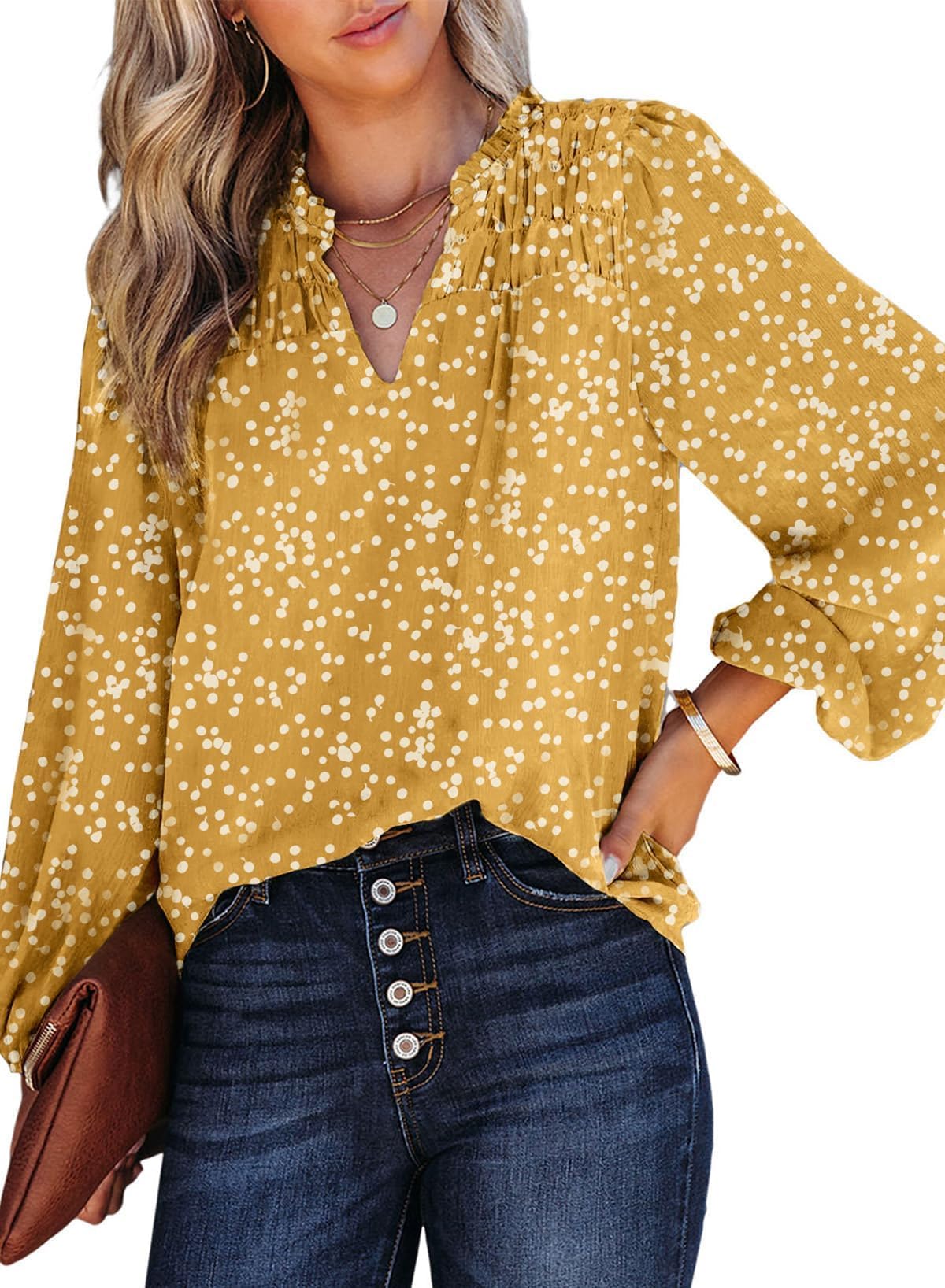 Dokotoo Women's Casual V Neck Alicia Floral Print Smocked Long Sleeve Chiffon Blouses Bohemian Top Shirts