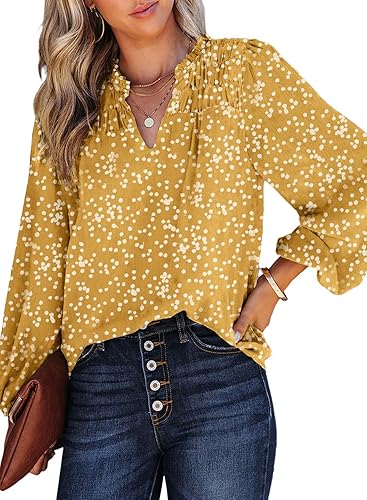 Dokotoo - Camisetas de gasa para mujer, manga larga con fruncidos, cuello en V, estampado floral, blusa tipo Alicia, estilo informal y bohemio