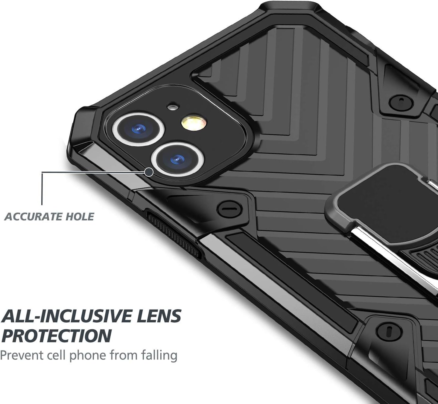 Amytor iPhone 11 Case with [2 x Tempered Glass Screen Protector] [15Ft. Drop Tested ] [ Military Grade ] Protective Phone Case with Magnetic Car Mount Ring Kickstand for iPhone 11 (Black)