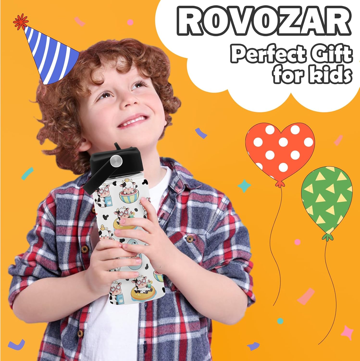 Cow Water Bottle - Cow 16oz Stainless Steel Water Bottle with Straw - Cute Cows Insulated Cup for Girls Boys - Cows Kids Tumbler for School, Sports, Travel - Image 2