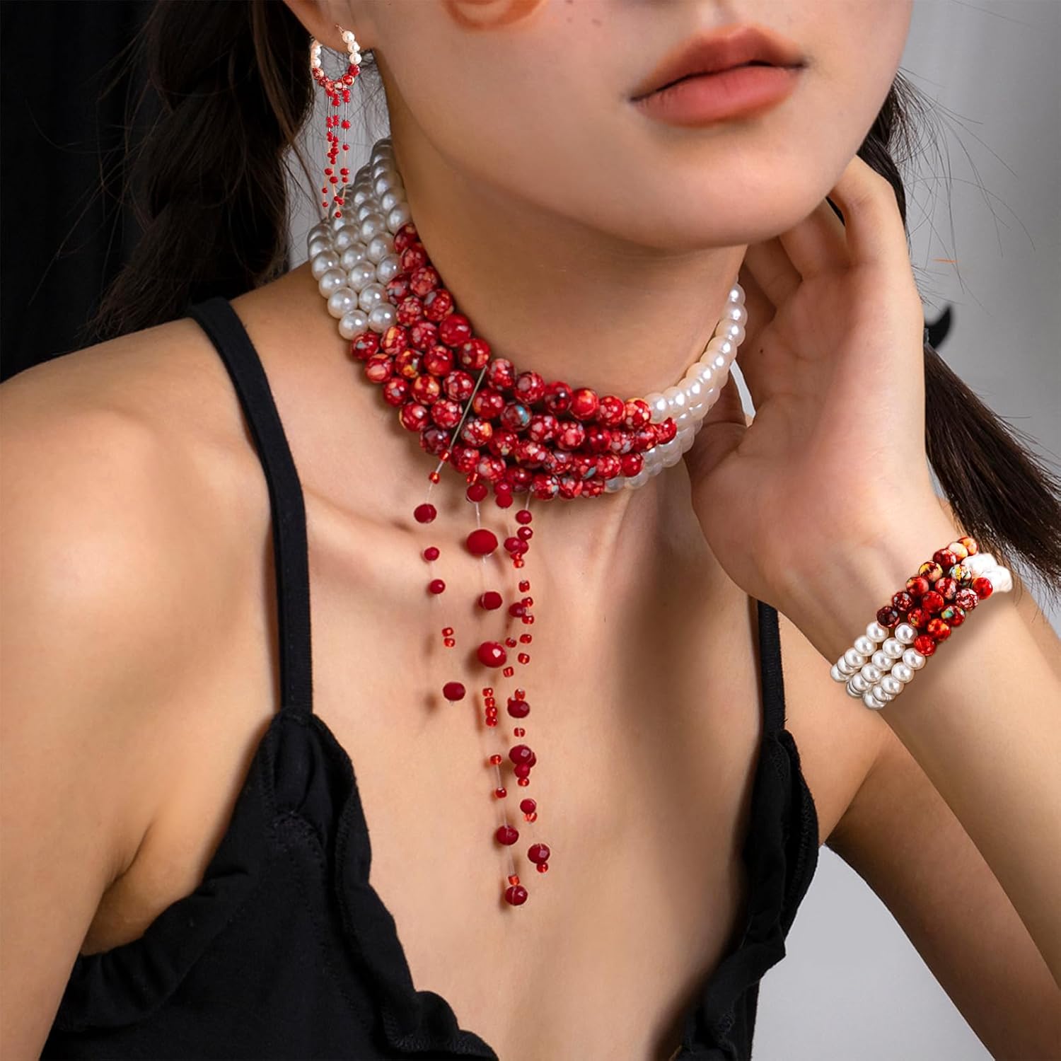 Blood Pearl Jewelry Set Vampire Necklace Bracelet Earrings for Women Goth Choker Necklace 3 Pcs Halloween Accessories - Image 2