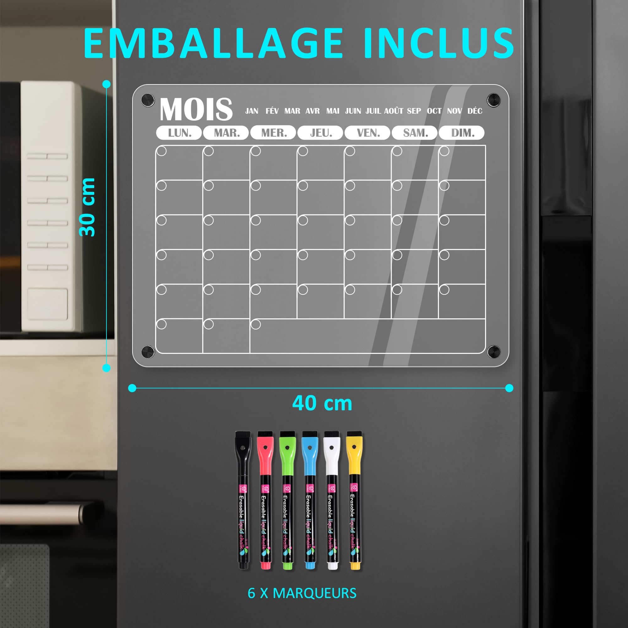 BIROYAL Calendrier Magnétique Acrylique Frigo – Planificateur Mensuel 40×30 Cm – Effaçable – 6 Marqueurs Couleurs Inclus