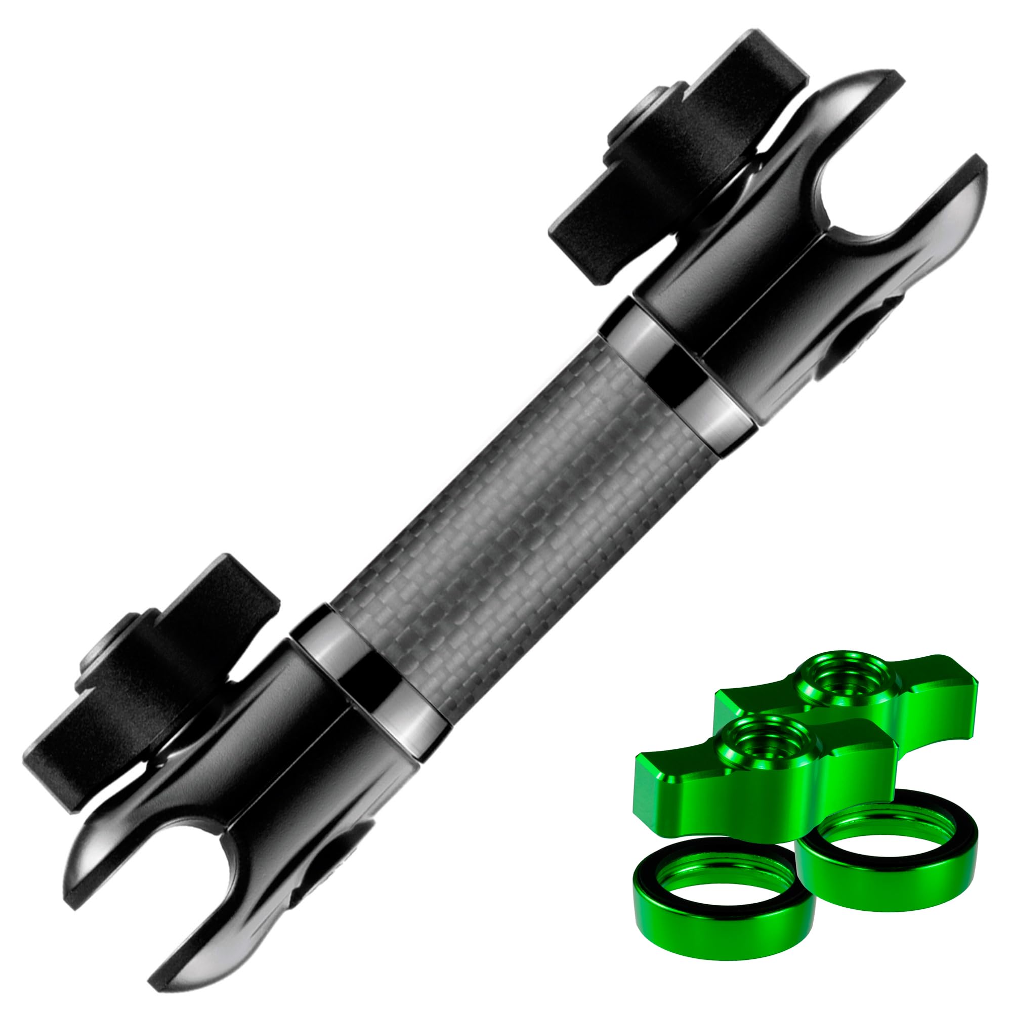 Tackform 6" Long 20mm Ball and Socket Arm DuraLock 20 Series Carbon Fiber Arm | Dual 20mm Sockets with Optional Anti-Theft Knobs | Black with Green