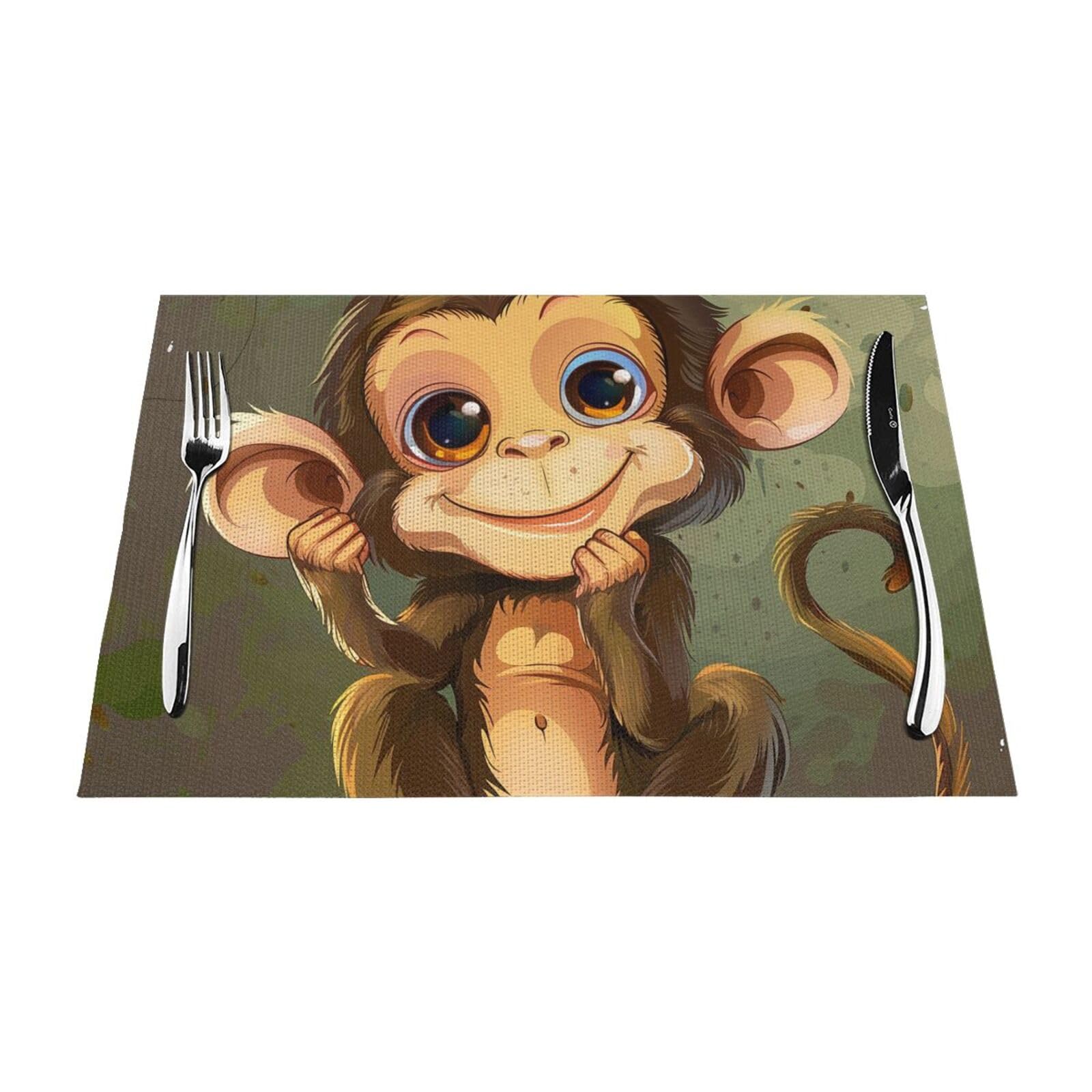 Cute Monkey Printed PVC Placemat 6 PCS for Kitchen Dining Table Heat-resistand Washable Table Mats 18x12 in