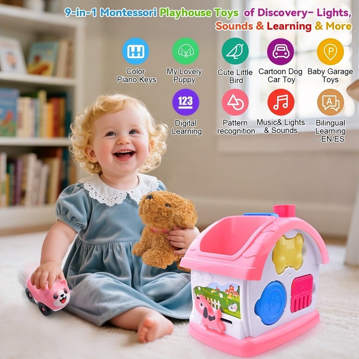 Giocattoli per bambini Montessori per bambine di 1+ anni, regalo ideale per il primo compleanno per ragazze di età 1 2 3, 9 in 1 attività musicale giocattoli per la casa con luci, suoni