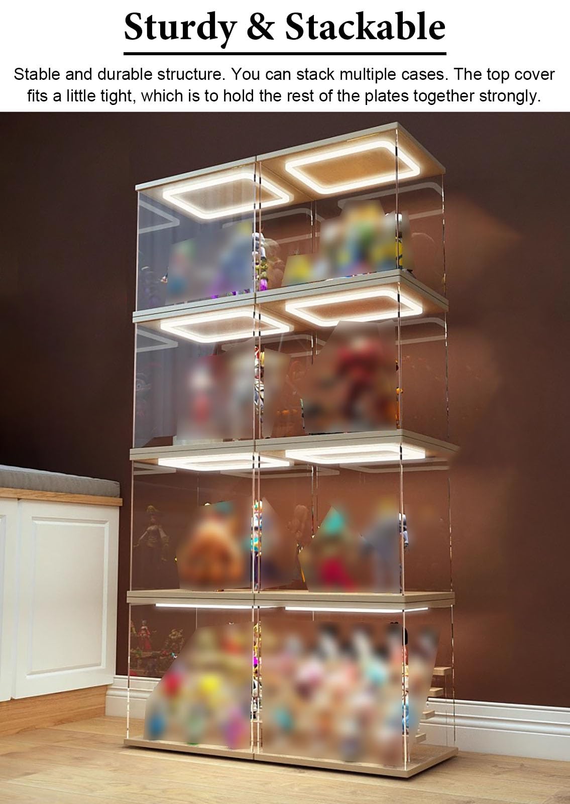 Vibeo Cajas de Metacrilato Montar Vitrina de Acrílico con Puerta y Luz, Caja de Acrílico con Acabado de Madera 20-60 cm, Vitrina Transparente Antipolvo para Figuras, Trofeos | 15x15x45cm/6x6x18in