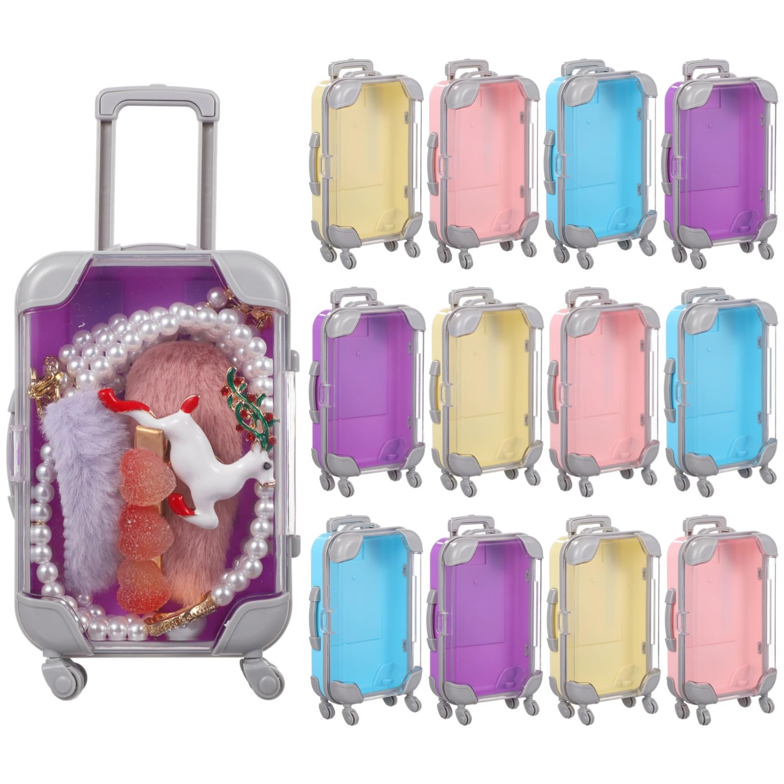 12 PCS Mini Suitcase Storage Boxes, Assorted Color False Eyelash Packaging Box, Clear Small Suitcase Plastic Holder, Rolling Empty Lash Box, Trolley Luggage Case Candy Boxes for Party