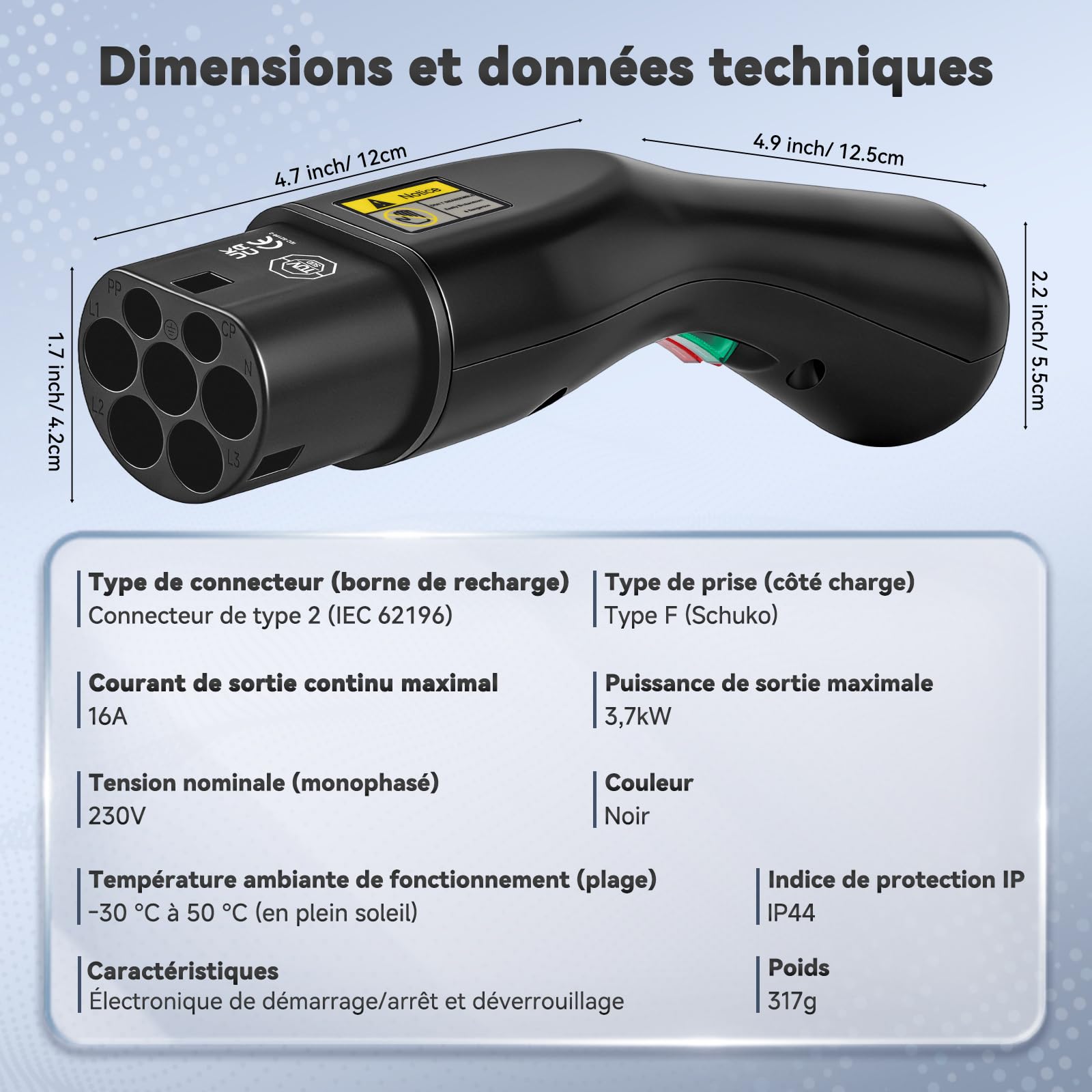 JULIK Adaptateur Type 2 vers Schuko 16A 3,7 KW – Adaptateur Wallbox AC avec Électronique Start/Stop & Déverrouillage – pour Bornes de Recharge Type 2 (IEC 62196-2)