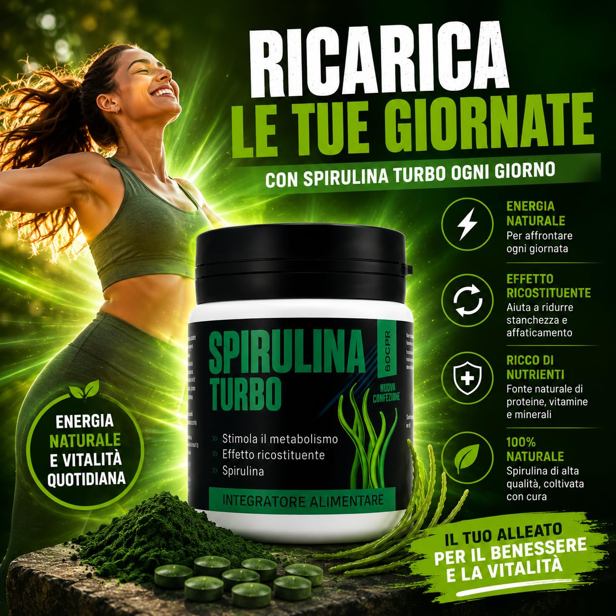 Spirulina Turbo Integratore Alimentare con Spirulina 240 Capsule | Con spirulina ad alto contenuto proteico, supporta il senso di sazietà e il benessere quotidiano.