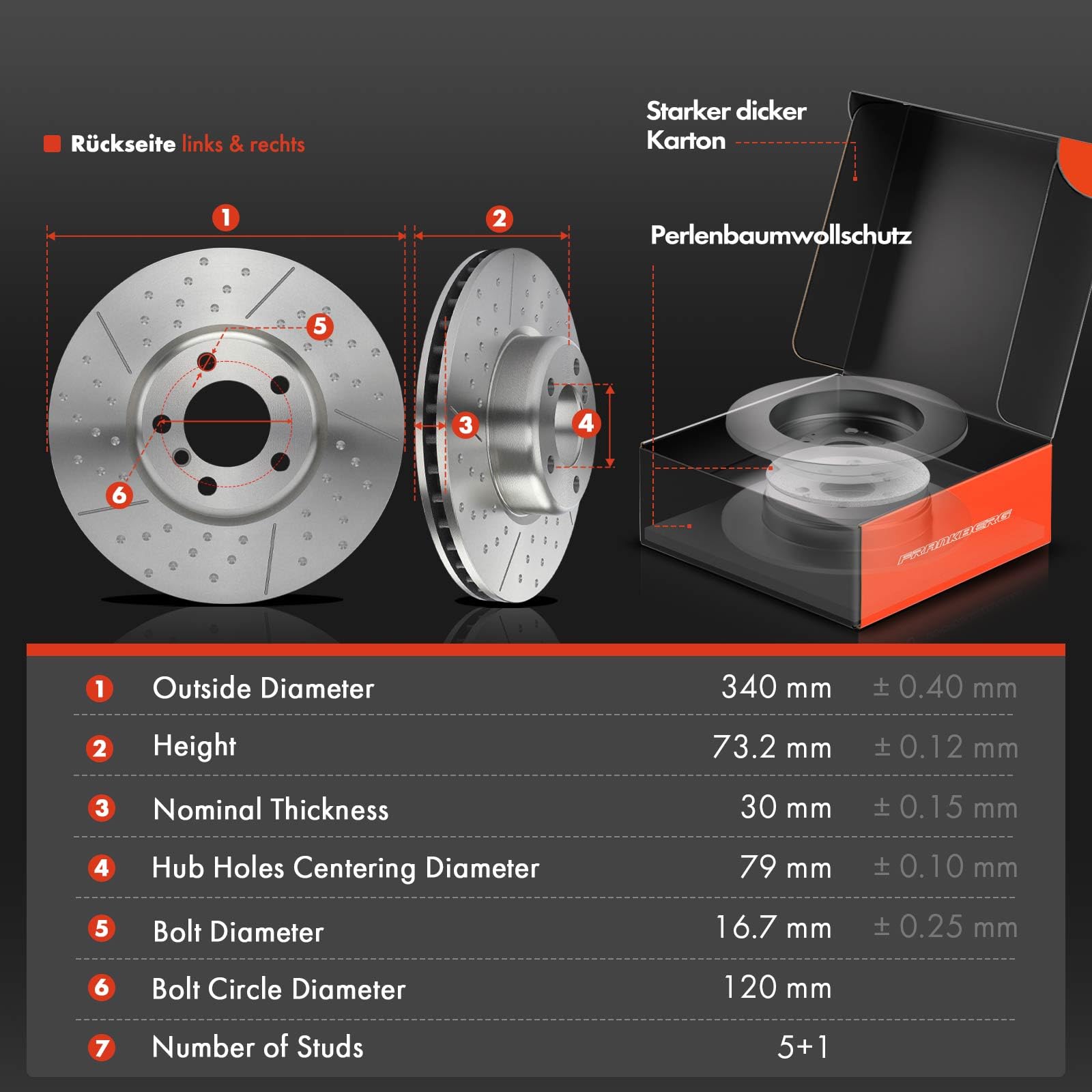 Frankberg 2x Discos de freno + 4x Pastillas de freno del eje delantero Compatible con Serie 1 F20 Serie 3 Touring F31 2 cabrio F23 Serie 3 F30 F80 4 Gran Coupé F36 Replace# 34106799805