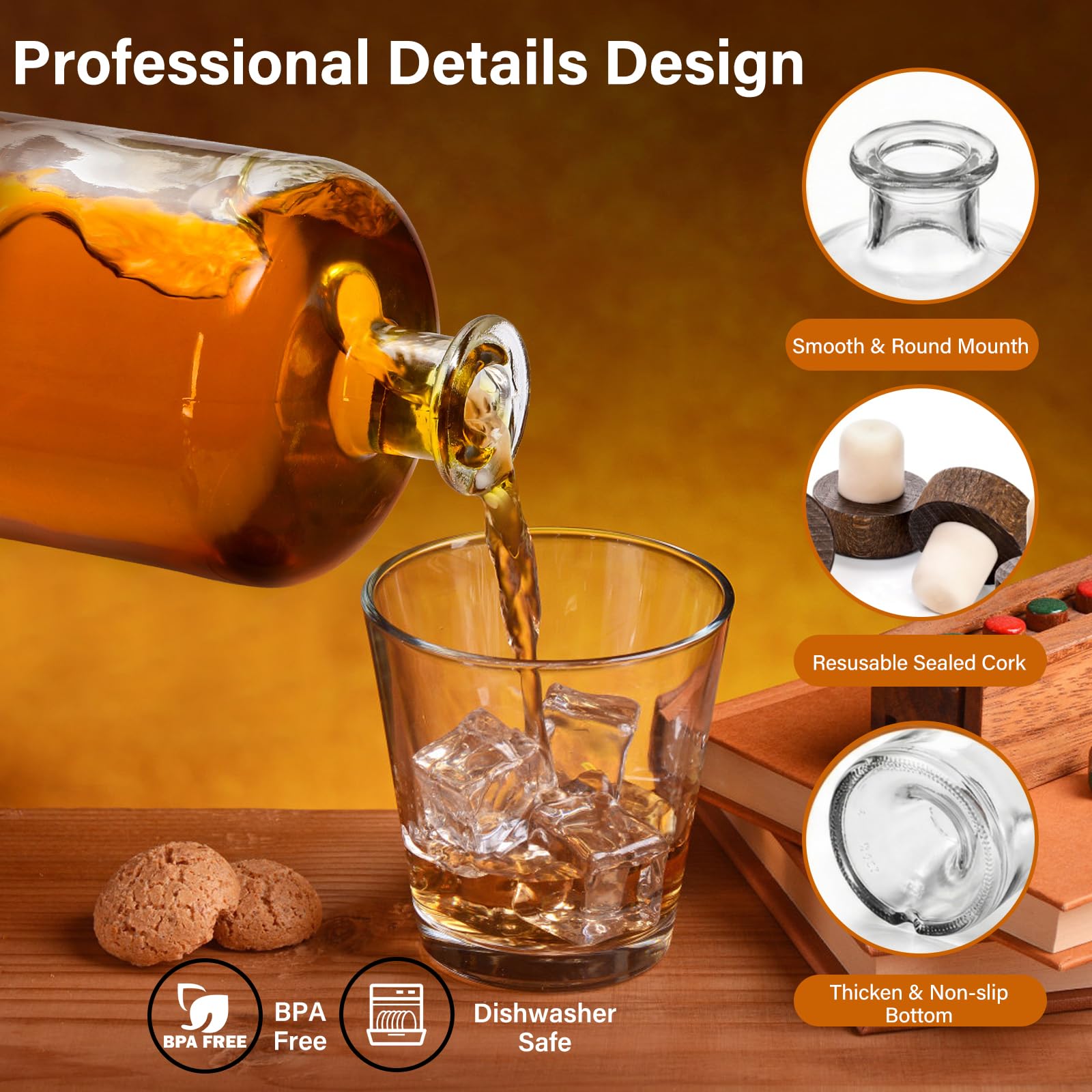 WRINGKIT Paquete de 4 botellas de licor de vidrio, botellas de vino transparentes de 25 onzas con tapón de corcho en T, dispensador de botellas de whisky de vodka de base pesada para bebidas, bebidas,