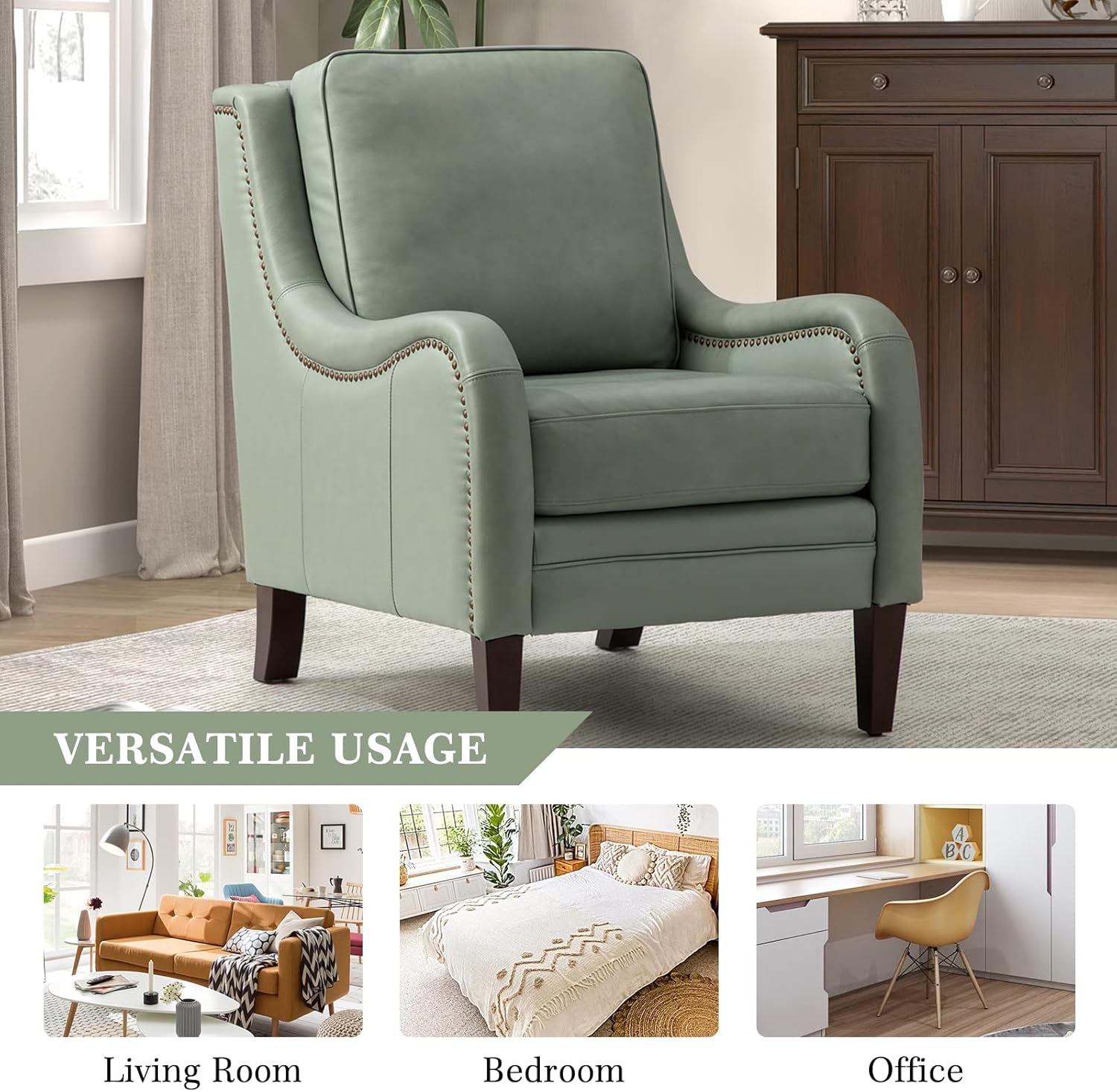 HULALA HOME Genuine Leather Accent Chair Set of 2, Upholstered Armchair Living Room Chair with Curved Arms and Wood Legs, Modern Lounge Singe Sofa Chair for Bedroom Apartment Office Waiting Room, SAGE
