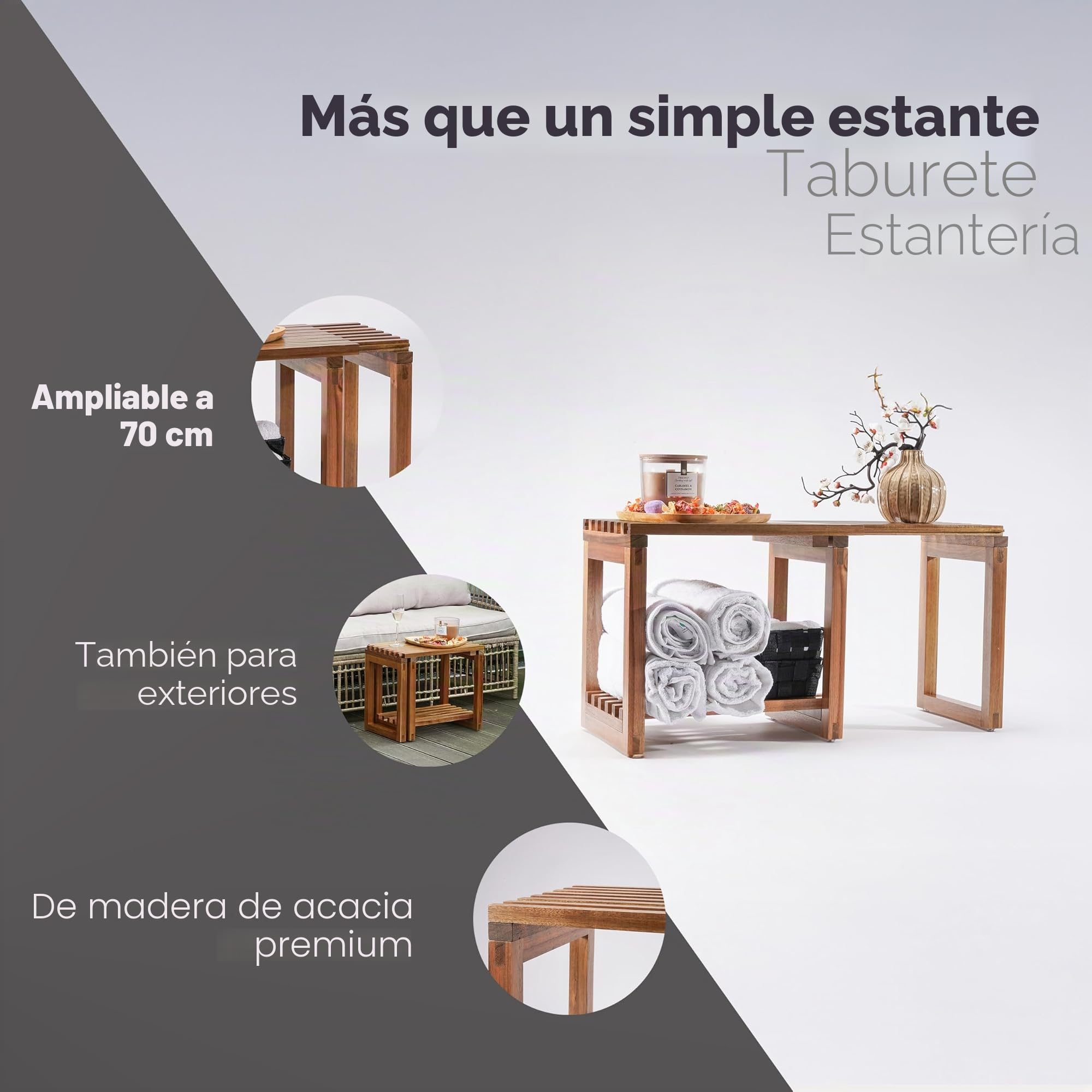 SVADA Taburete de ducha extensible de madera de acacia, banco de ducha de acacia con estante, banco de sauna multifuncional, taburete y mesa auxiliar de madera para baño, ducha, balcón, jardín