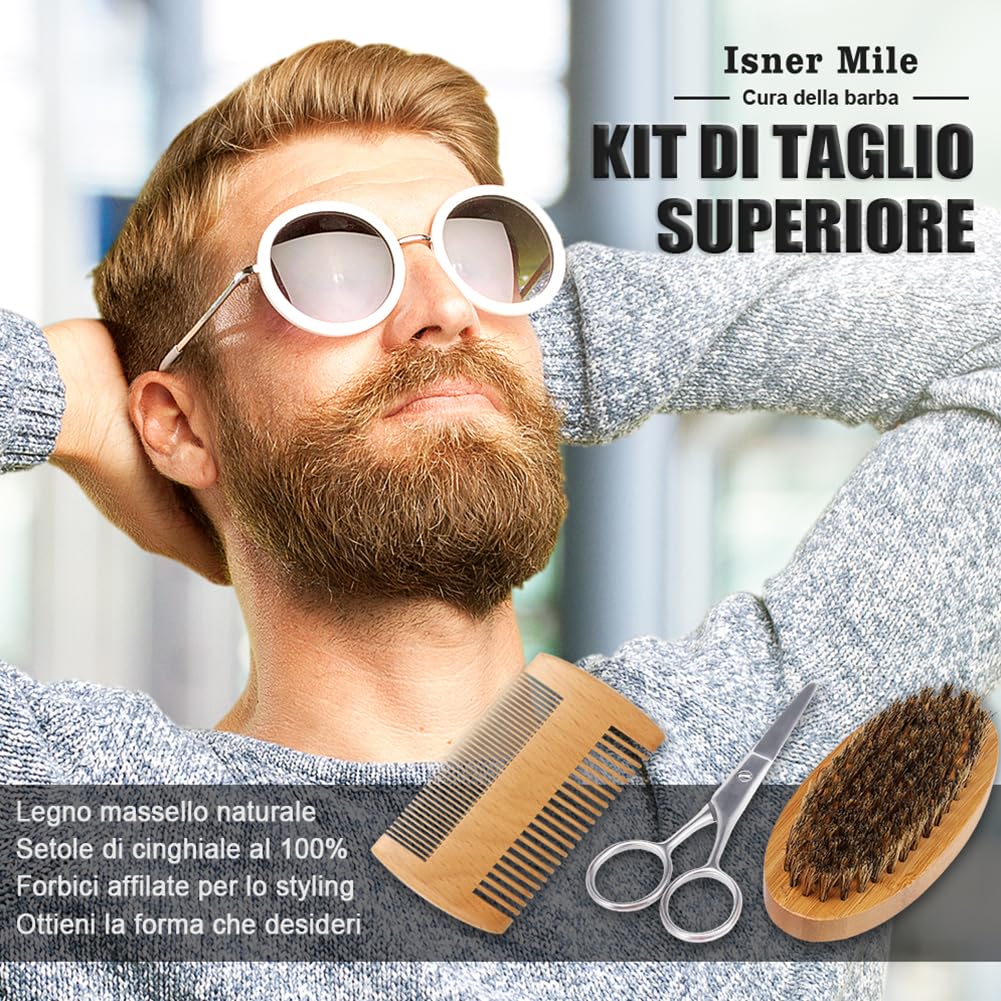 Kit Barba per Uomo, Tutto in 1 Set Cura Barba, Cofanetto Regalo Uomo Compleanno Valentino, Idee Regalo Natale con Olio Barba, Balsamo - Pennello - Shampoo - Pettine - Rasoio e Scissors, Cere per baffi