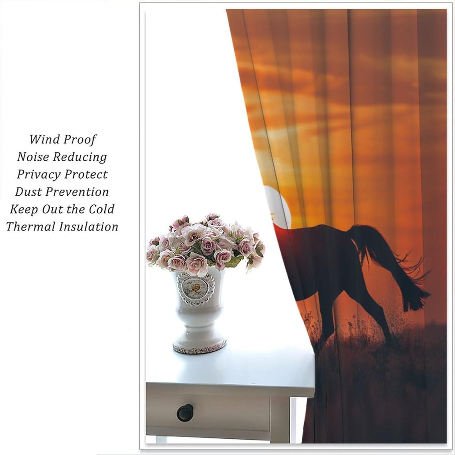 Running Horse Curtain, Western Wildlife Horse Theme, Sunset Beautiful Horse in The Prairie Theme Room Blackout Curtain, Rod Pocket 2 Pieces 42x45in, Style-5