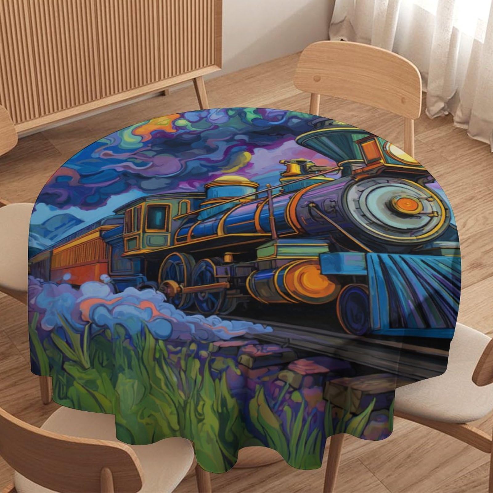 LUYYSKY Classic Realistic Steam Train Round Tablecloth Vintage Modern Art Sunset Forest Steampunk Steam Train Washable Decor for Table Cover for Kitchen-177.8" Wx177.8 L cm
