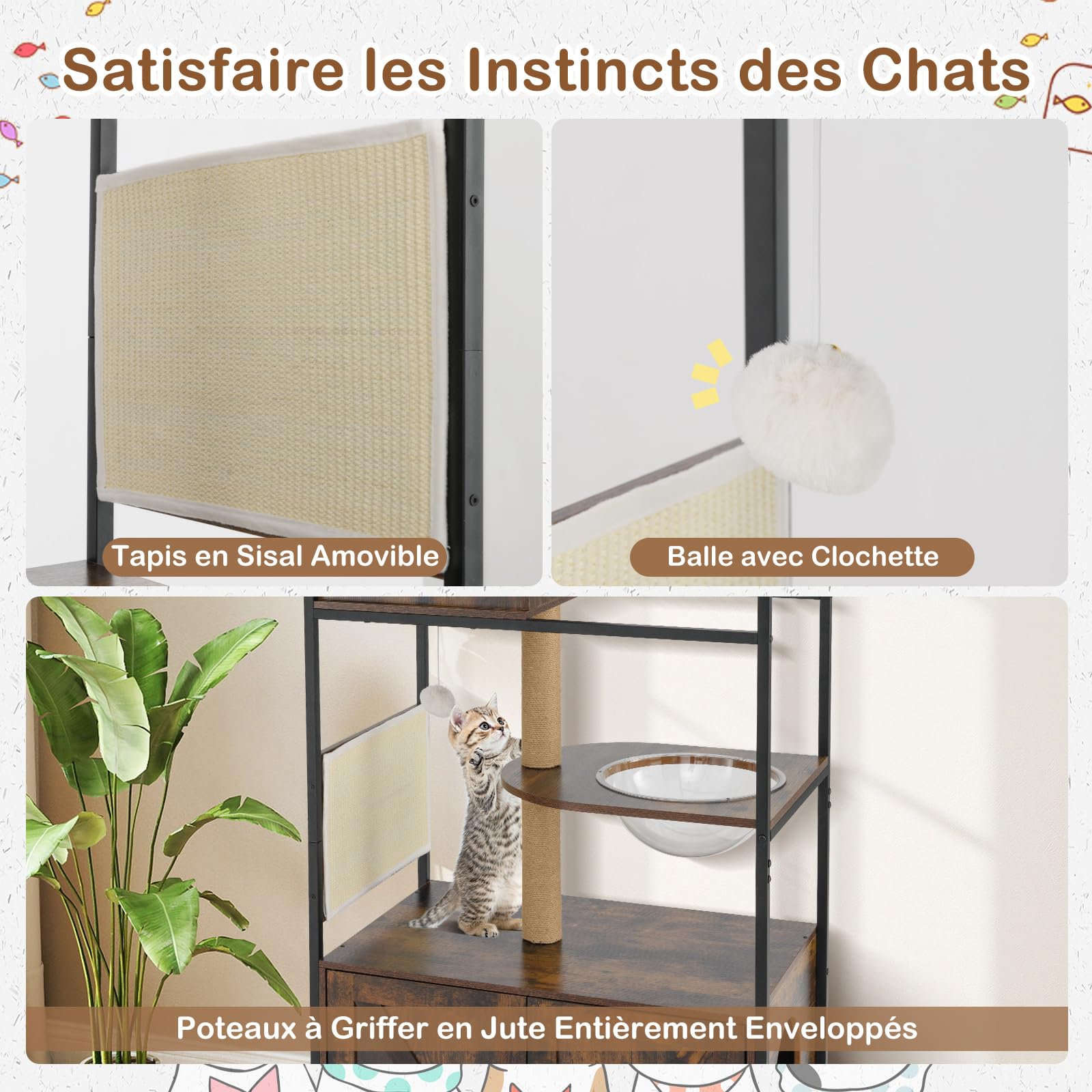 COSTWAY Meuble Litiere Chat, Tapis et Poteaux à Griffer en Sisal, Condo, Capsule, Masion Chat, 3 Trous Ventiles, Coussinets Réglables, Arbre a Chaton avec Litiere Intégrée, 80 x 48 x 150 cm