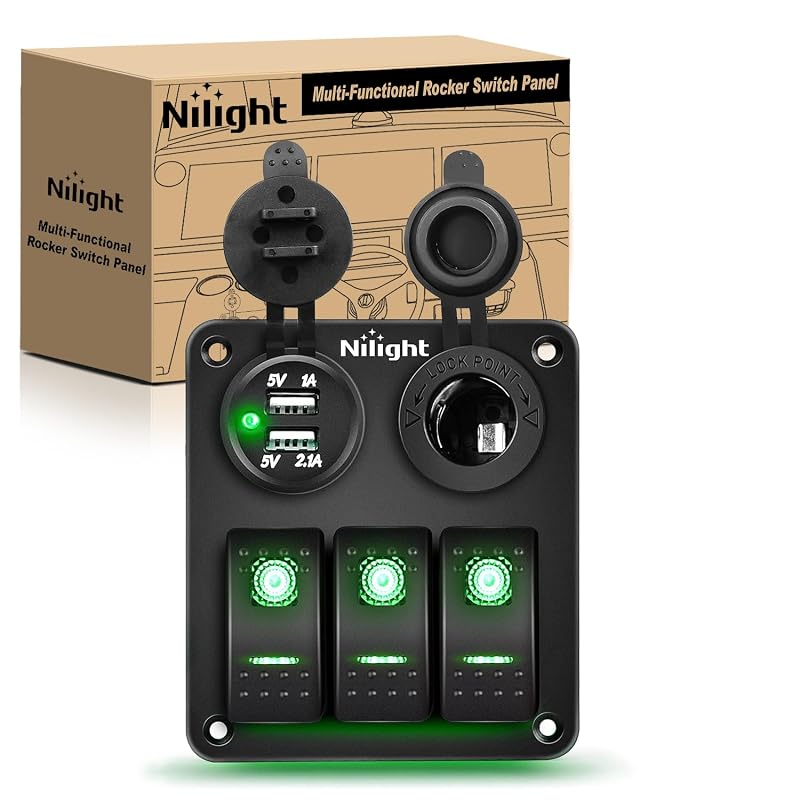 Painel com 3 interruptores tipo rocker Nilight SPST 12 V com tomada auxiliar e carregador USB duplo – Verde