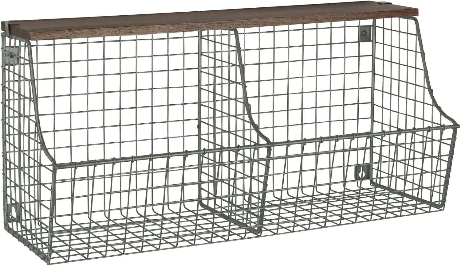 Spectrum Diversified Vintage Double Bin with Wood Storage Wall-Mounted Wire Basket & Wood Shelf, Farmhouse Style Entryway Storage & Organization, Industrial Gray