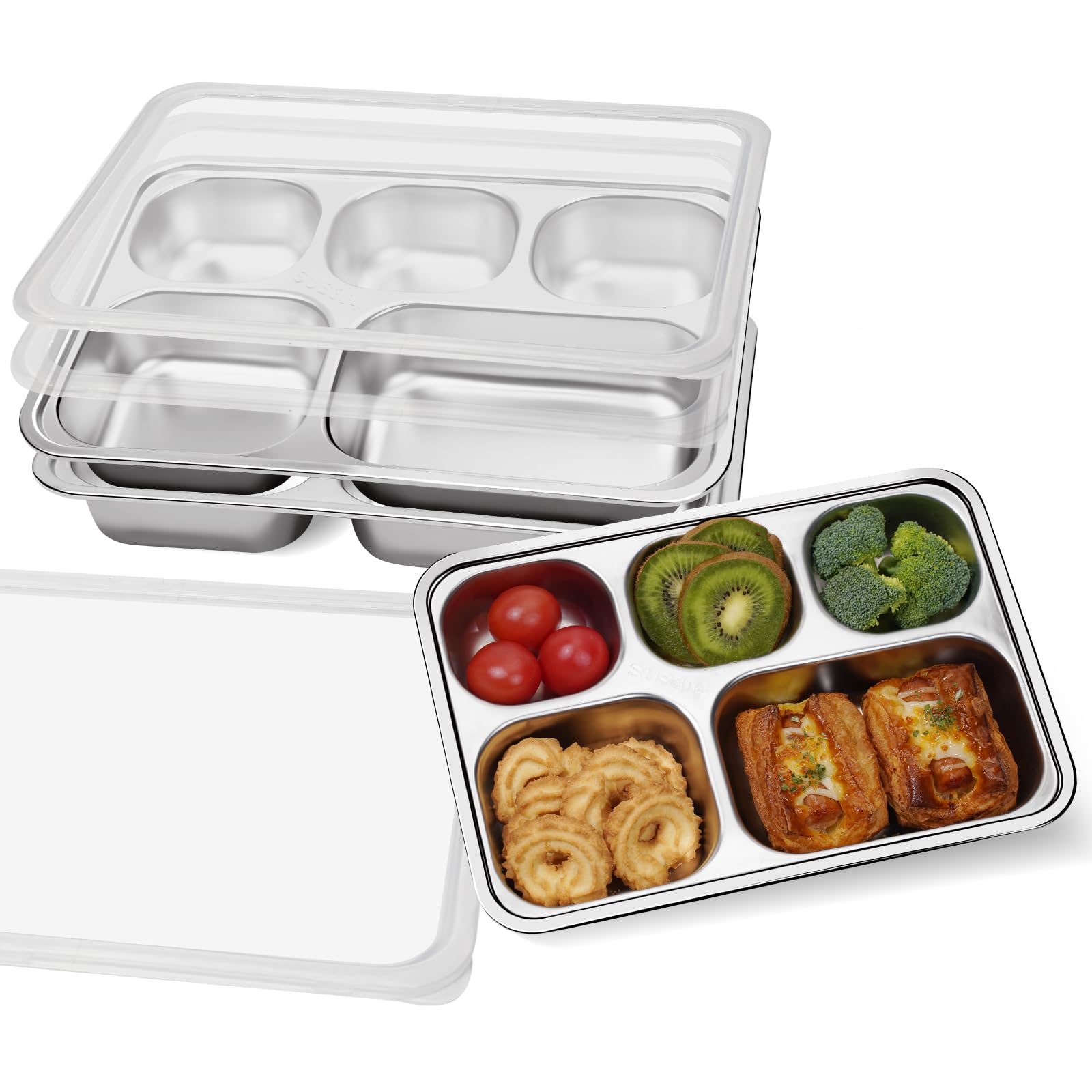 Vantuofu Stainless Steel Bento Box Adults 3 Pack, 5 Compartments Snack Containers with Lids, Reusable Meal Kids Bento Lunch Box, Divided Food Storage Containers for School Home Travel
