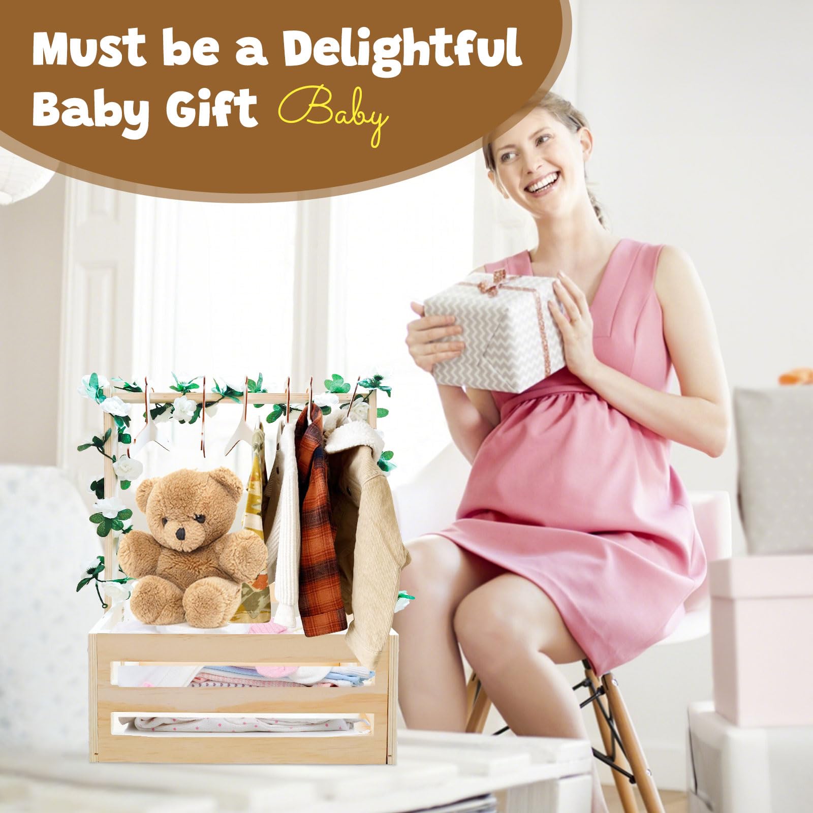 Holz Baby Geschenk Korb mit Griff, Kinder Kleiderbügel und Girlande, Holz Babyparty Schrank, Baby Aufbewahrungskorb,Personalisierte Baby Korb für Schwangere Neue Eltern(Holzfarbe)