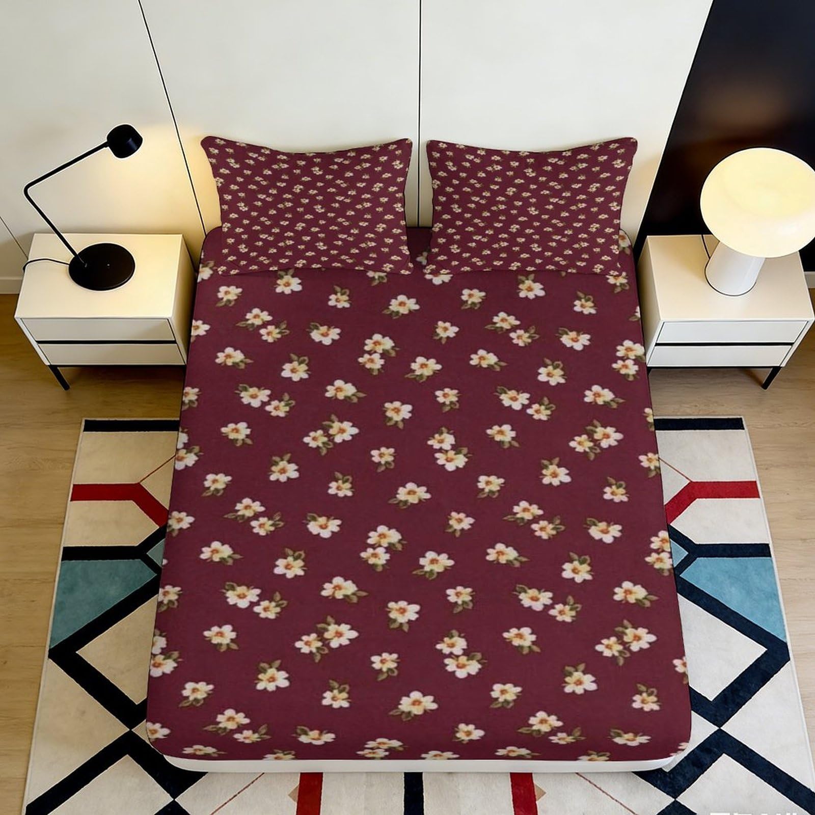 3D Printed Burgundy Daisy Fitted Sheet Microfiber Anti-Slip Floral Mattress Cover Bedroom Dorm Easy Care 160x200x25cm