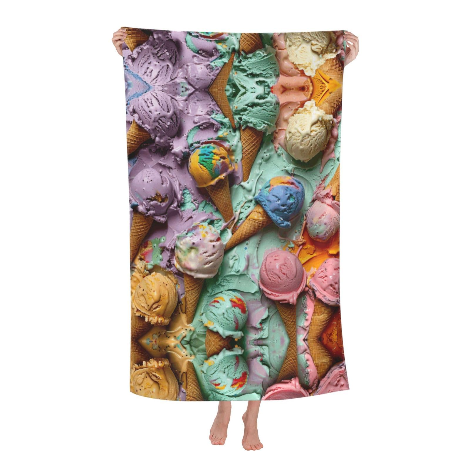 KPXXAQT Many Colored Ice Cream Print Oversized Adult Beach Towel Quick-Dry Travel Swimming Camping Outdoor Adventures