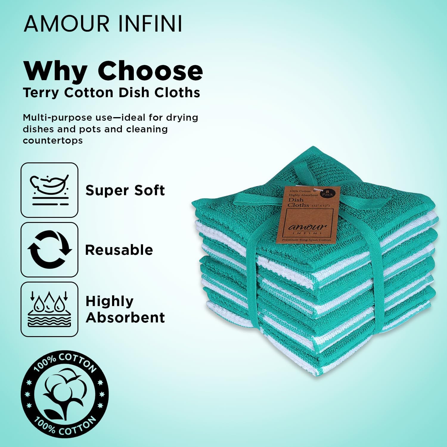 AMOUR INFINI Dish Cloths for Washing Dishes Set of 8 - Highly Absorbent, Super Soft Kitchen Dishcloths - Reusable Quick Dry Dish Rags for Cleaning & Drying Kitchen Linens (12x12 Inch - Teal) - Image 3