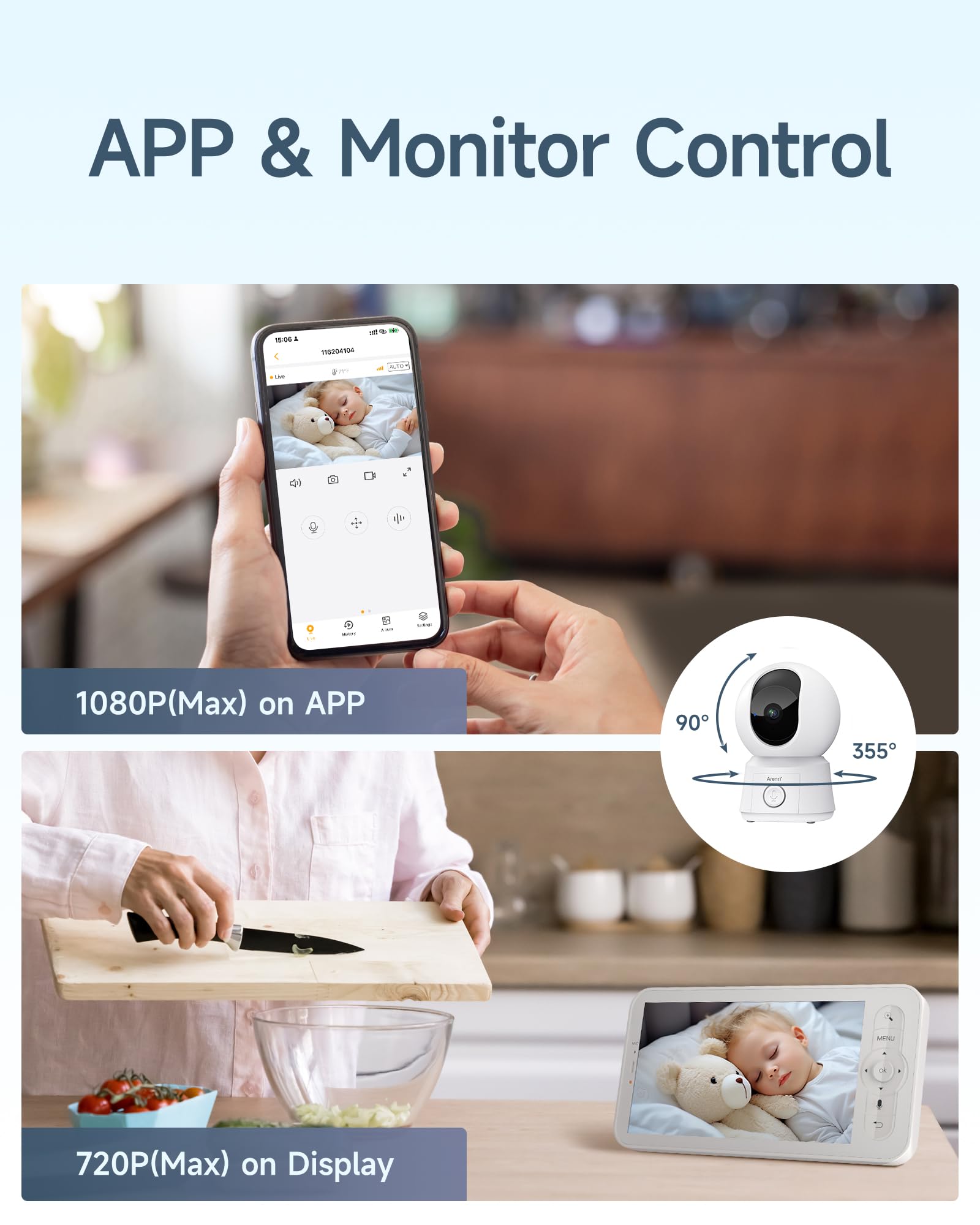 ARENTI Babyphone mit Kamera und App mit 5" Display, 1080P PTZ Video Babyfon mit Kamera, One-Touch-Ruf, Temperatursensor, Wiegenlied, Nachtsicht, 2 Wege Audio, VoX Mode, Automatische Verfolgung