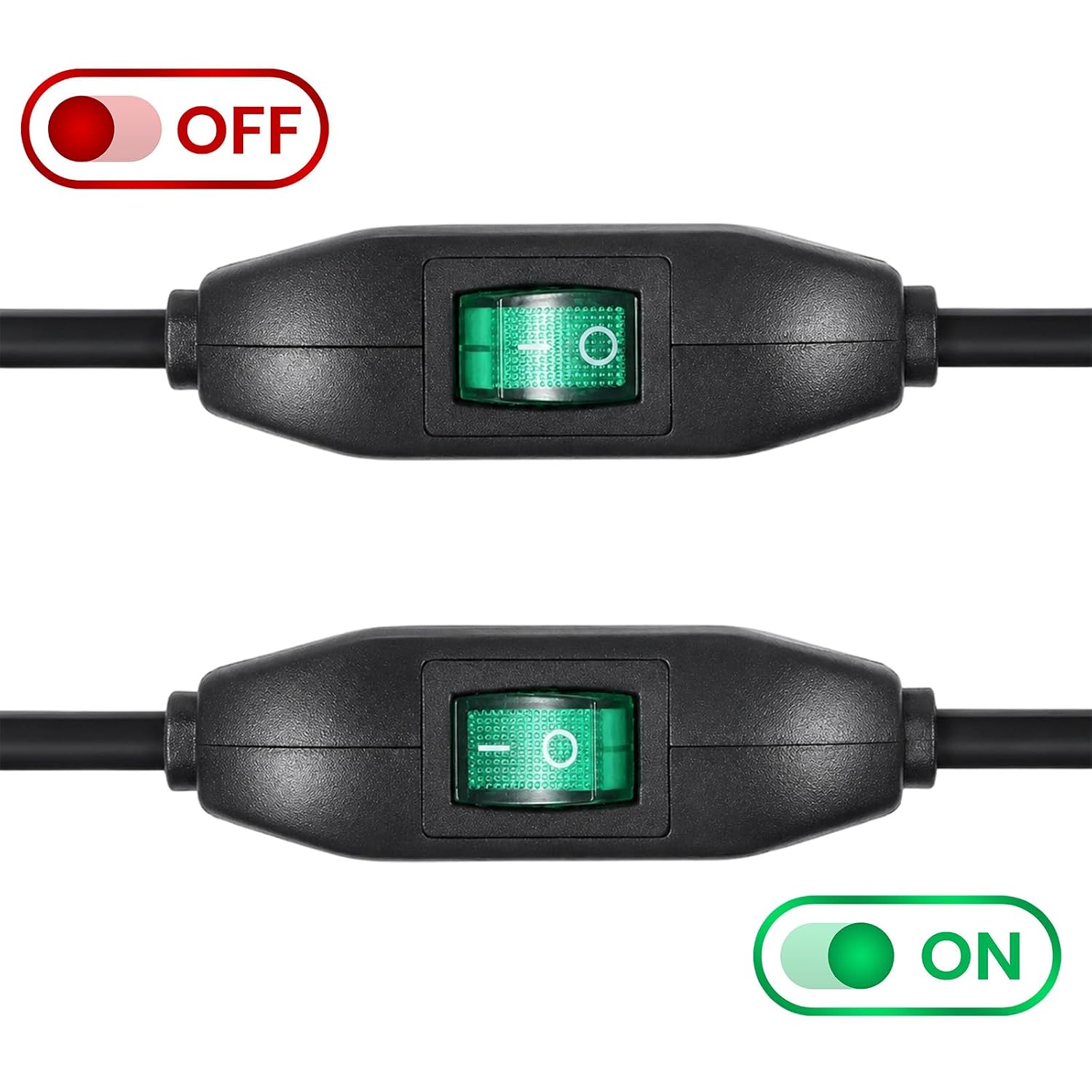 Inline Cord Switch 12V 24V/3A ON/Off Rocker Button with Prewire on Both End Green LED for Lamp, LED Strip Lights- 0.5M/1.6FT -2PCS