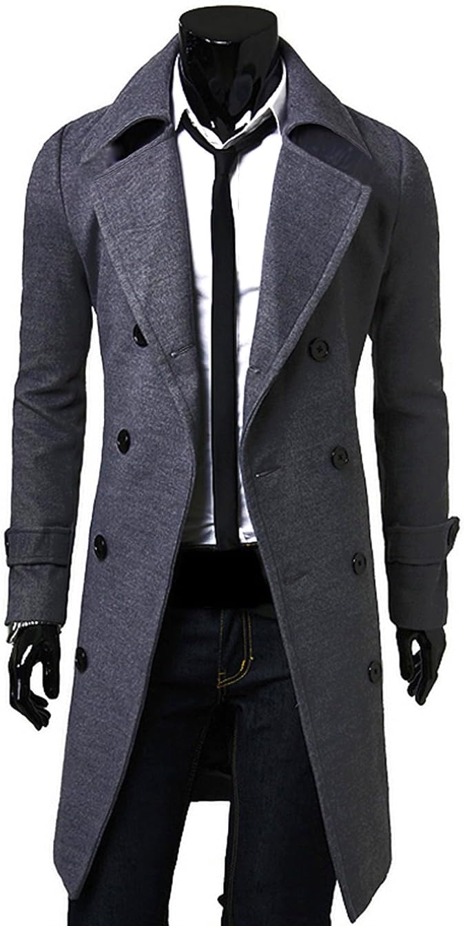 Cocobla Winter Warm Men Slim Trench Double Breasted Overcoat Long Jackets (Xl, Grey)