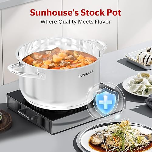 Miniatura 8 de SUNHOUSE Olla de acero inoxidable  Olla de cocina de inducción resistente de 11 cuartos de galón con tapa visible para pasta, sopa, espagueti, olla