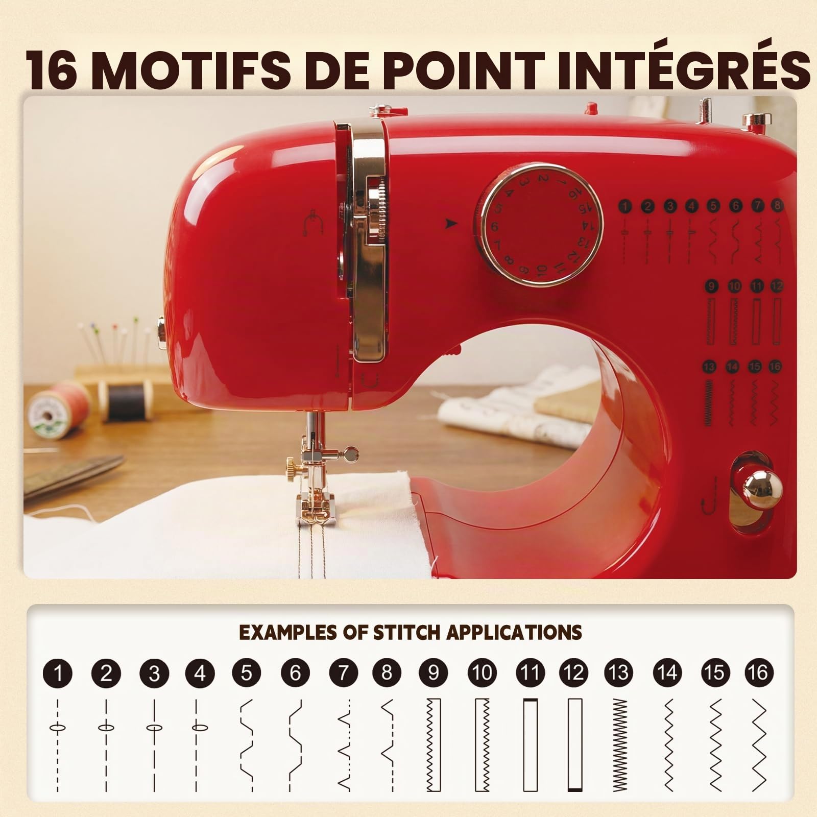 520Plus Machine à Coudre électrique pour Débutants avec 16 Points, Double Aiguille, Couture en Marche Arrière, Pédale, Portable Couture pour Bricolage à Domicile et Réparation de Tissus