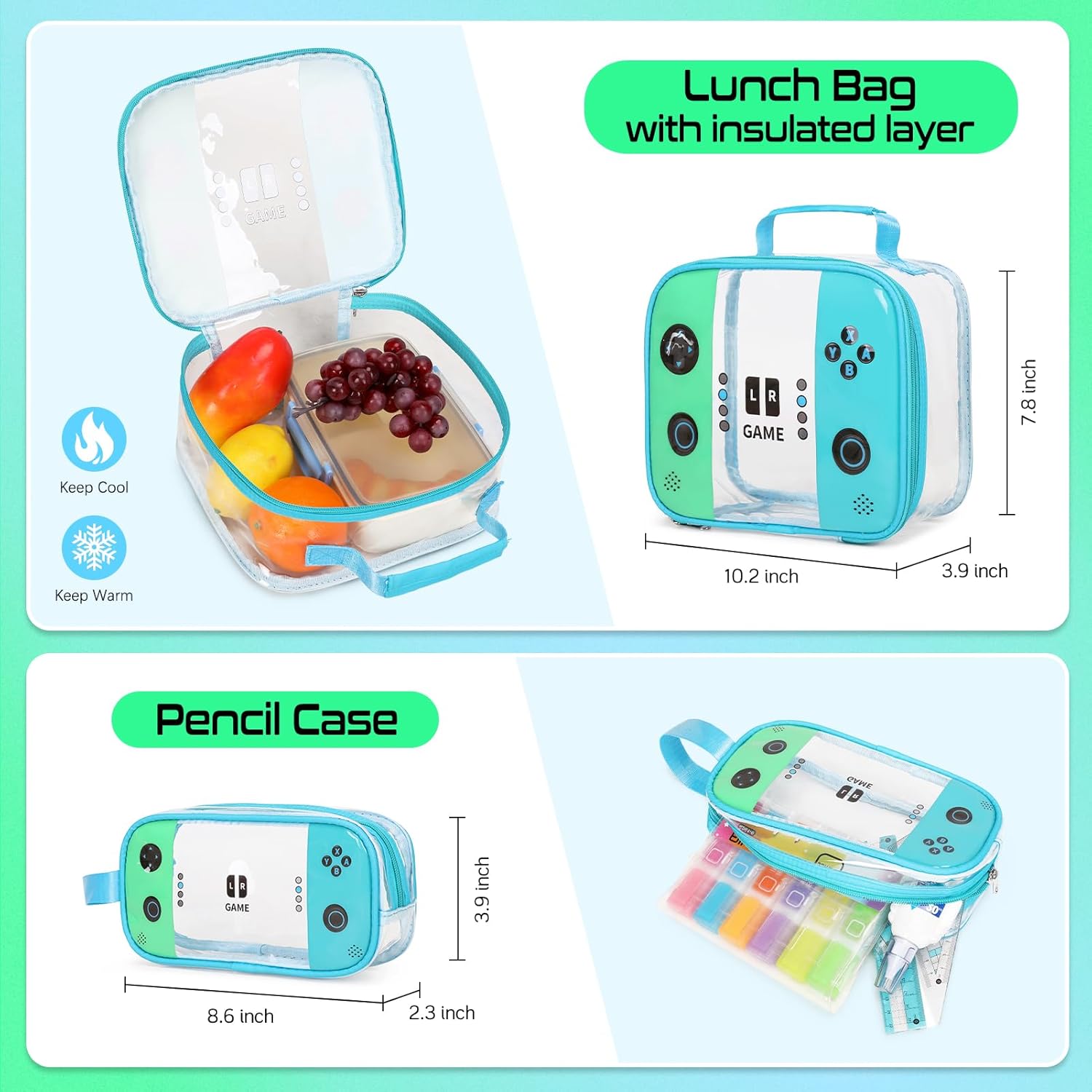Clear Backpack for Boys, PVC Transparent Cool Luminous Gamer Backpack for Boys Girls Kids Children Teens Elementary Middle School, Clear Bookbag with Lunch Box & Pencil Case Set (Blue Green) - Image 6