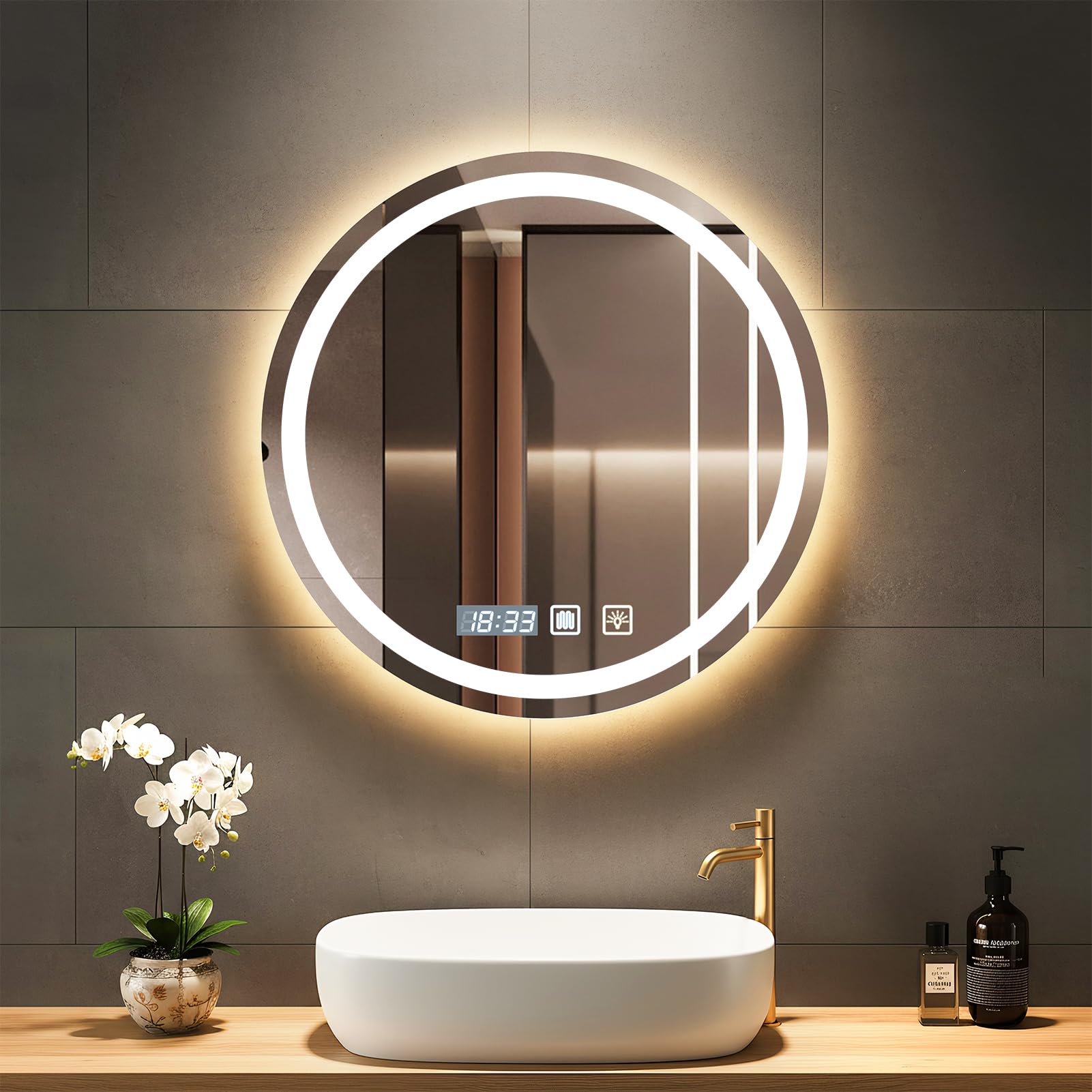 Worshow Bathroom Mirror with LED Lights, 60cm LED Illuminated Mirror with Anti-Fog, 3 Color Dimmable Wall Mounted Vanity Mirrors - Touch Control, Memory, HD Tempered Glass, IP44 Make Up Backlit Mirror