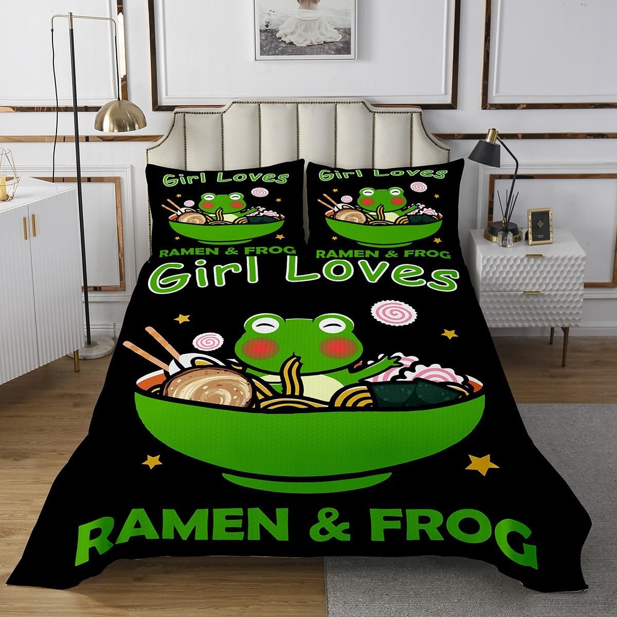 Feelyou Cute Frog Coverlet Twin Size Kawaii Ramen Frog Bedspread for Kids Boys Girls Children Bedroom Decor Japanese Food Quilt Set Tropical Cartoon Animal Quilted 2Pcs Bedding Collection