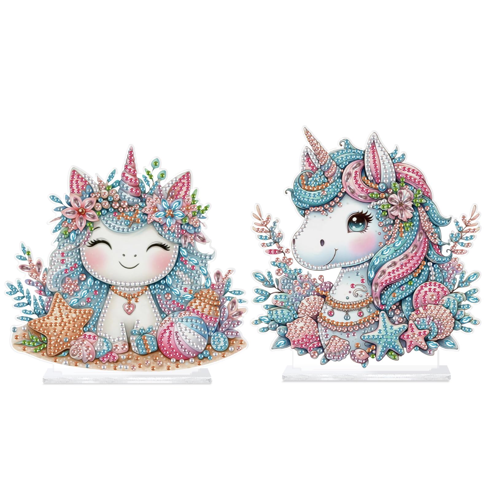 Diamond Art Desktop Ornament with Stand–2PCS Special Shaped Crystal DIY Diamond Art Kit for Adults|Animal Tabletop Diamond Art Decor|Home Office Desk Shelf Display&Gift(Ocean Unicorns)