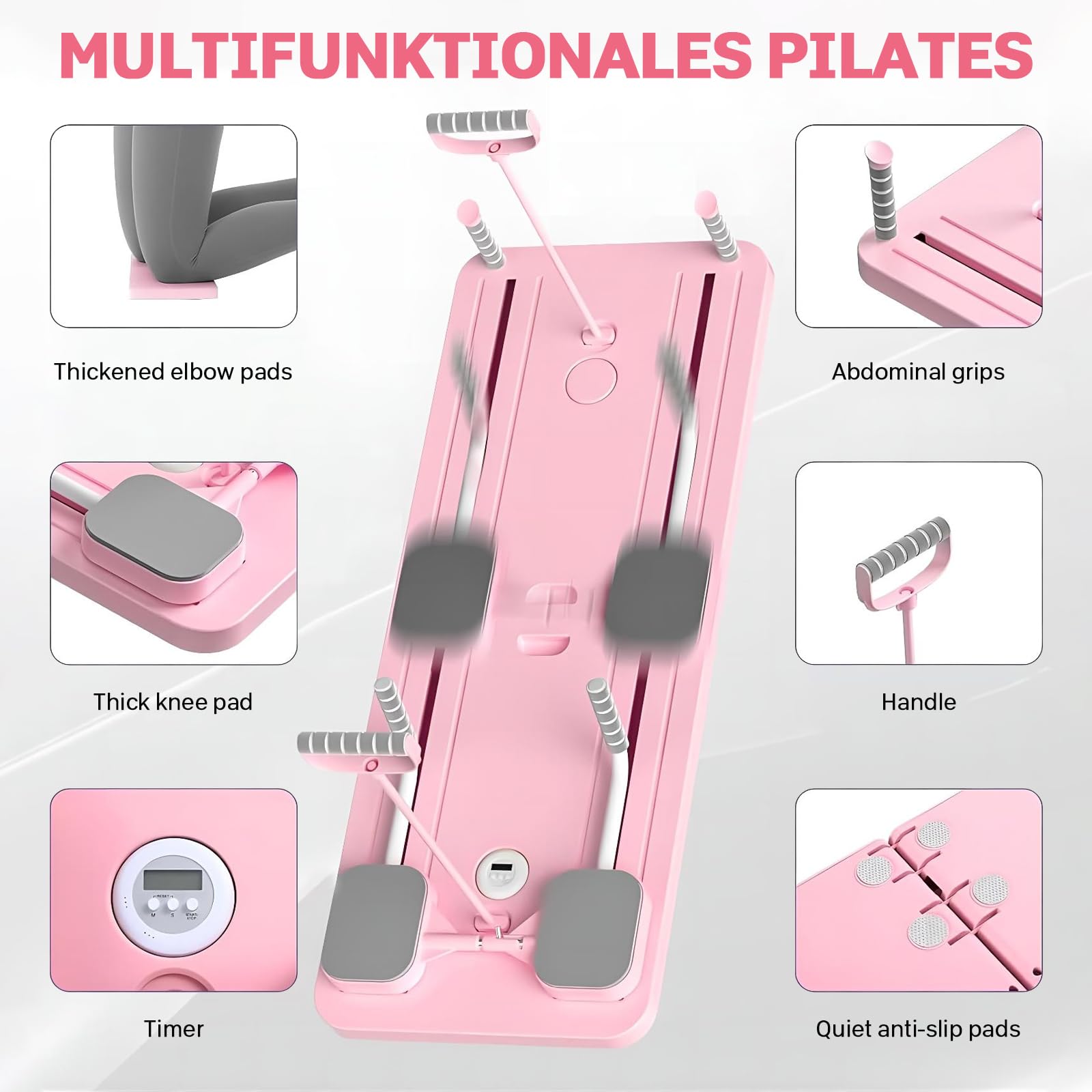 Pilates Board, riformatore pilates 5 in 1 con ruota addominale automatica e timer, multifunzione, pieghevole, per la casa e la palestra (rosa)