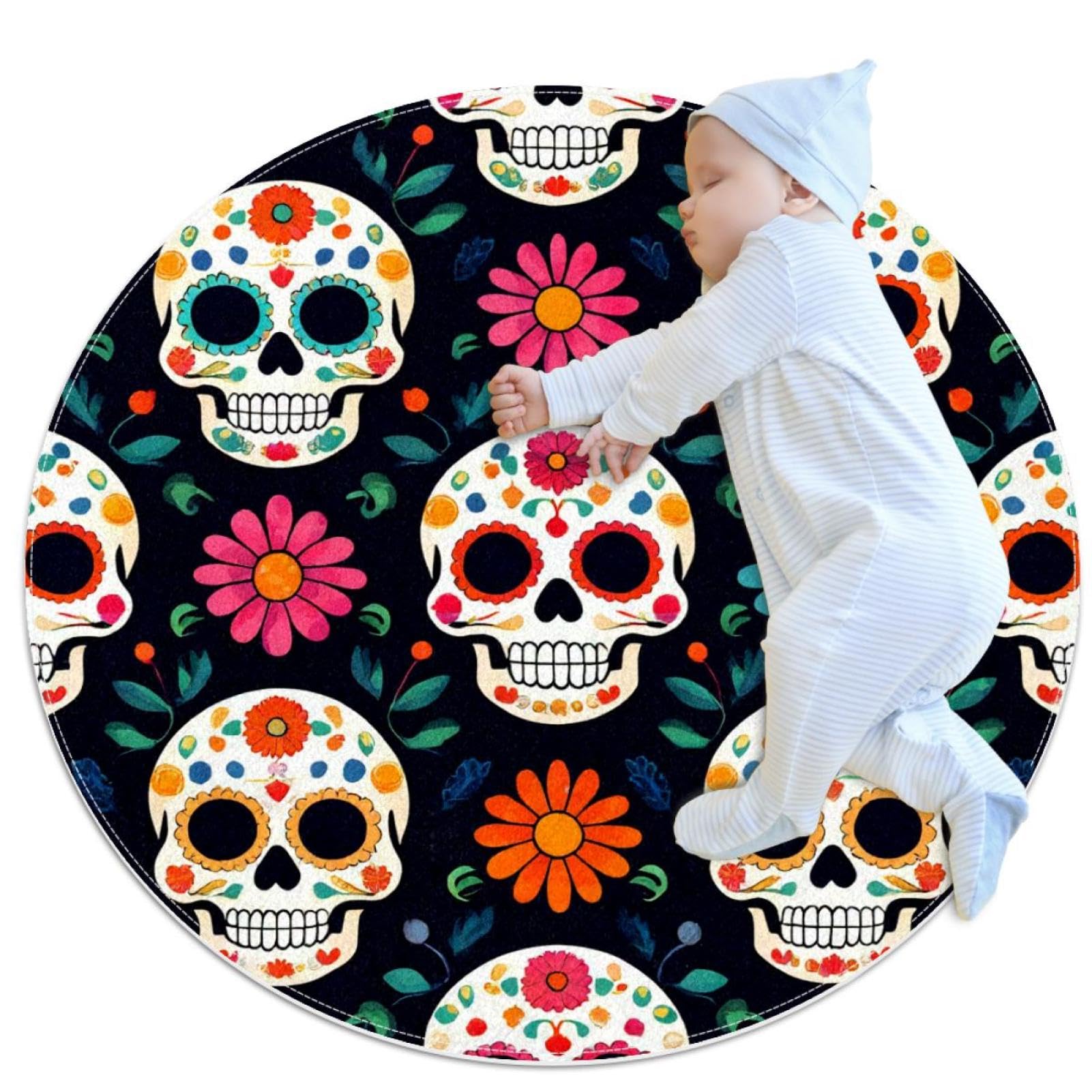 Tapis de salle de bain rond 1m avec motif tête de mort fleurie pour chambre