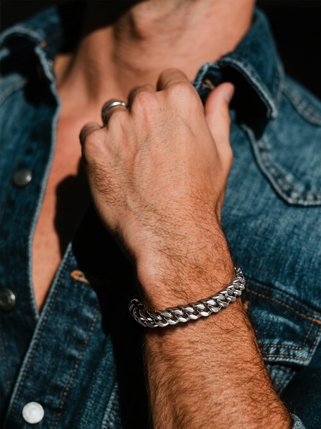 Bestyle Thick Mens Cuban Link Chain Bracelets, Durable Real 18K Gold/Black Metal Plated Solid Stainless Steel Hand Chain Cuban Bracelets for Men, Silver Black Gold Bracelets for Father Husband - Image 5