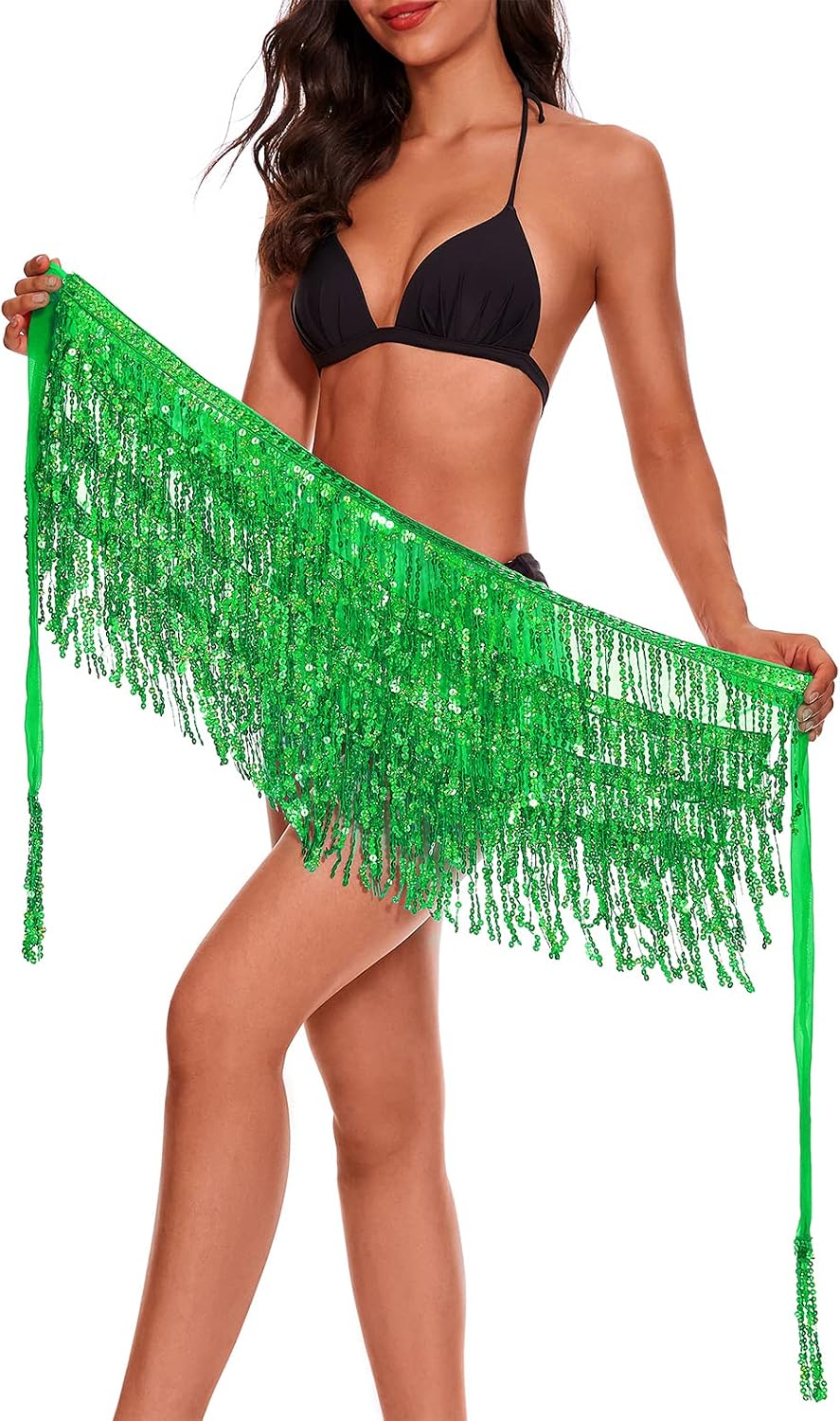 Womens Belly Dance Hip Scarf with Sparkly Fringe Rave Party Sequin Skirt Costume Festival Tassel Skirt
