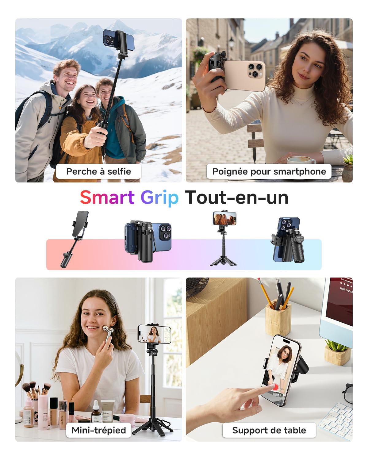 Rollei Trépied Smartphone Easy Creator SmartGrip 3-en-1 Perche à Selfie Extensible avec Télécommande Petit Trepied Telephone Portable avec 2 Supports Cold Shoes,Trepied-Smartphone-Perche-Selfie-Stick