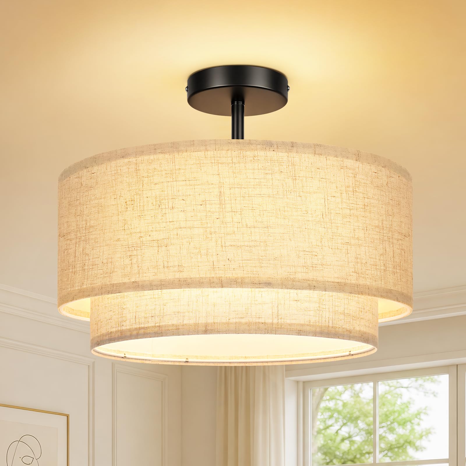 OUTON Plafoniera con Paralume in Tessuto, 3 Luci, Nera, Ø 40,6 cm | Doppio paralume in lino con diffusore interno, 3 attacchi E27, compatibile con lampadine dimmerabili, per ambienti interni
