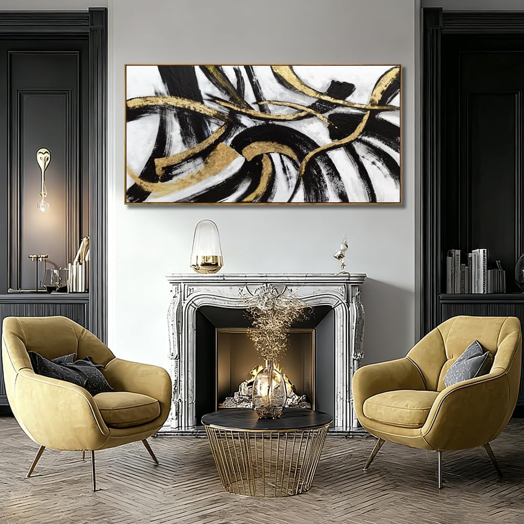 Black And Gold Abstract Framed Wall Art Minimalist Lines Painting Artwork Modern Picture Prints Large Wall Decor 24"x48"