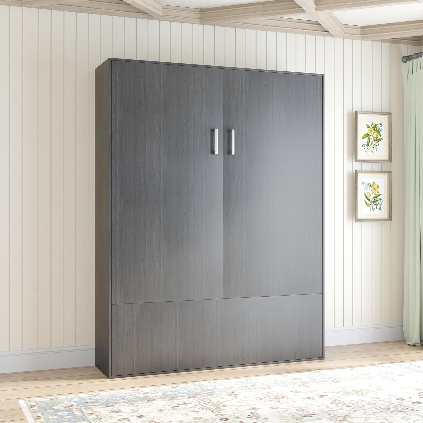 BALUS 66" W Murphy Bed, Queen Size Fold up Horizontal Murphy Bed, Solid Wood Murphy Cube Cabinet Bed, Space-Saving Folding Wall Bed, Large Hidden Beds for Guest Room Bedroom - Dark Grey