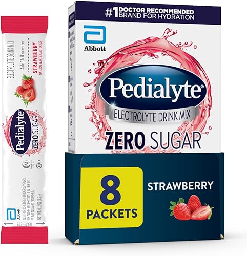 Pedialyte Mezcla de bebida electrolítica, cero azúcar, fresa, 8 paquetes de polvo de una sola porción