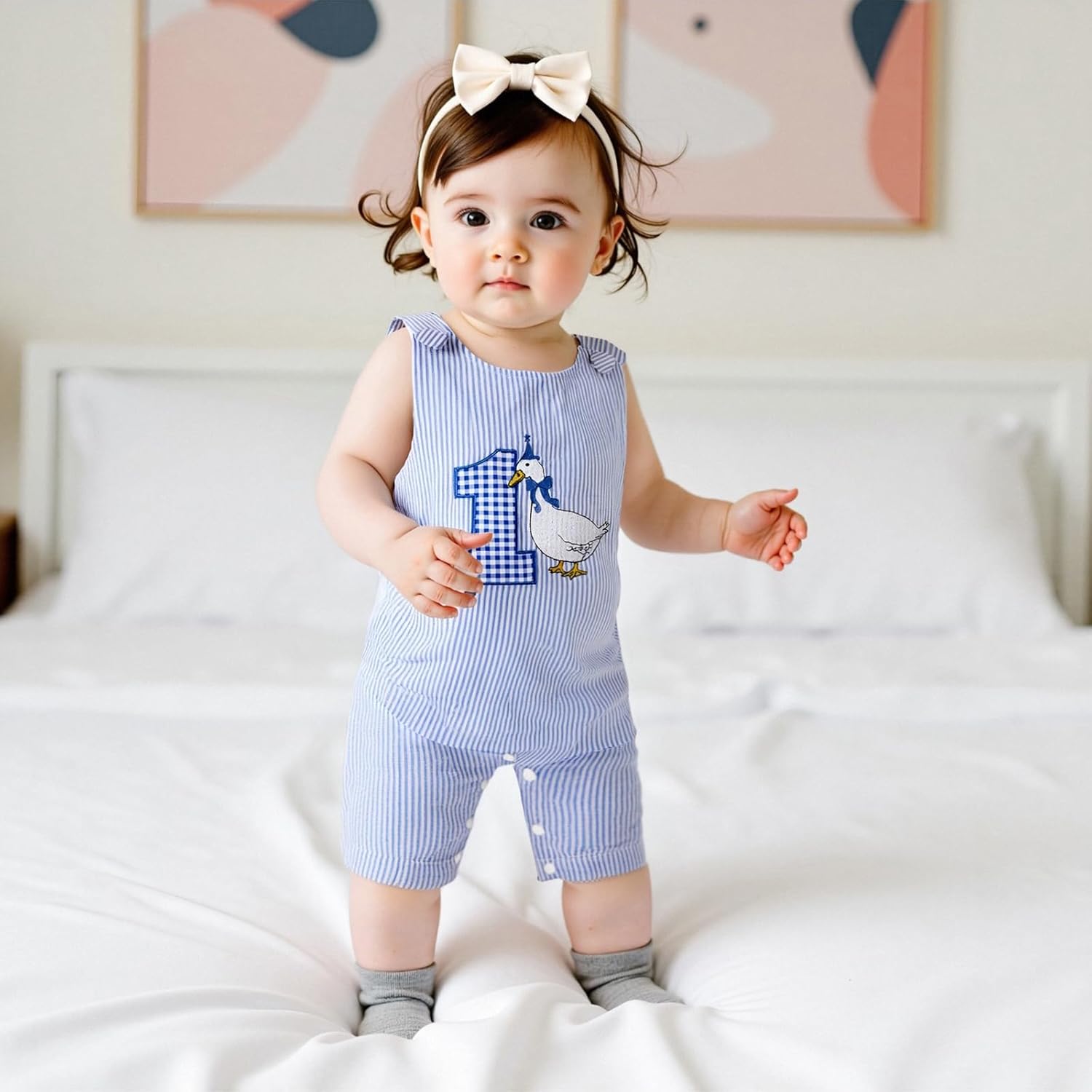 SAYOO Baby Boy 1st Birthday Outfit One Letter Embroidery Sleeveless Romper Jumpsuit Photoshoot Overalls Cake Smash Outfits - Image 2