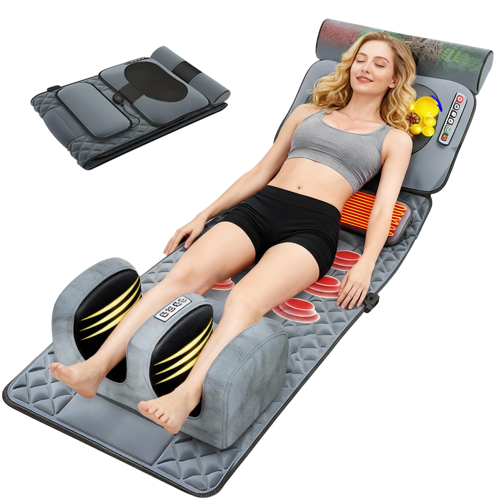 Massagematte Elektrisch, Massagematte Ganzkörpermassage mit Wärmefunktion-9 Einstellbare Modi, Abnehmbarer Massageauflage für Kopf/Nacken/Taillen/Rücken/Hüft/Beinmassage