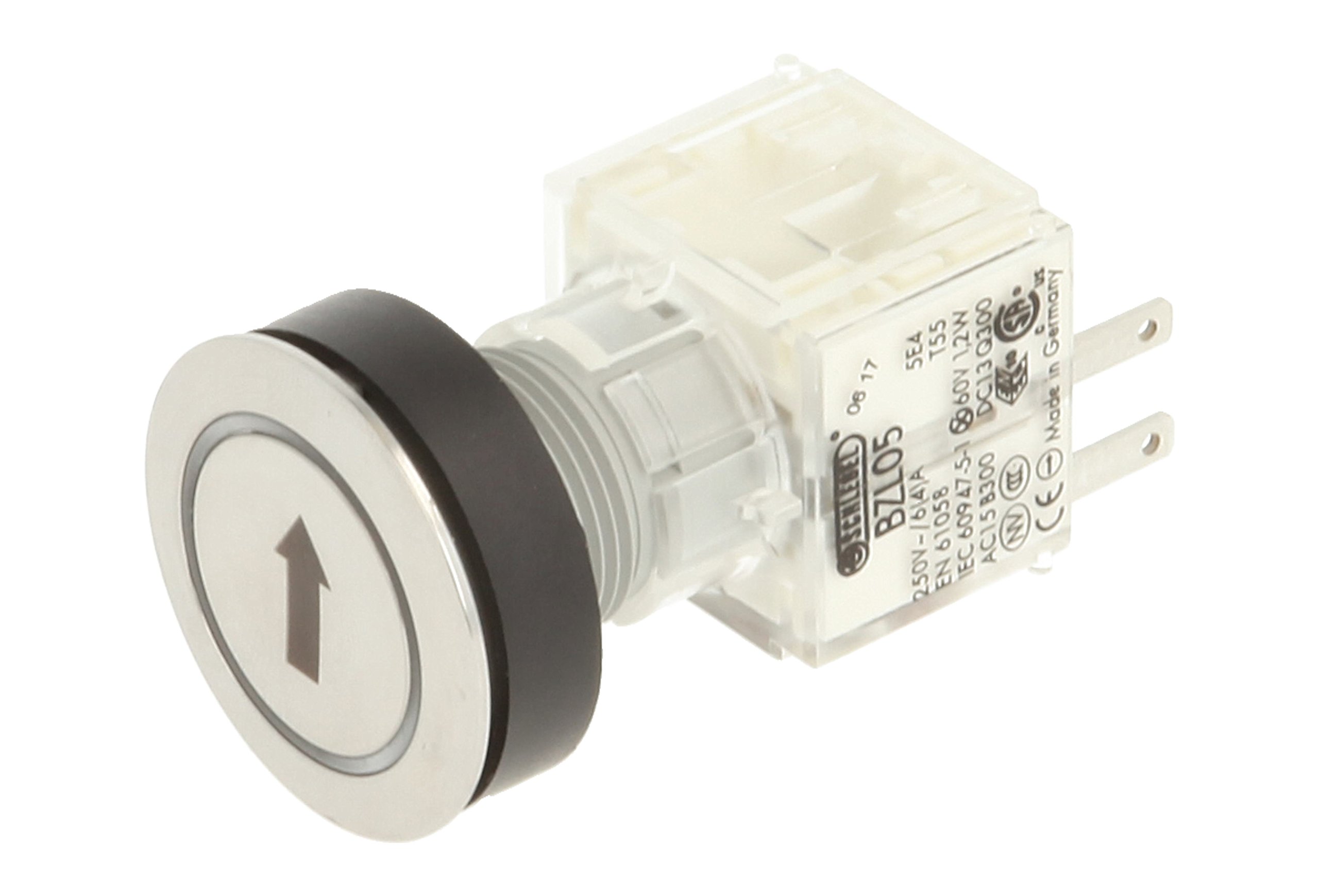 Club 23.000.883 Push Button Stainless Steel, Ring Lighting – Arrow Symbol Illuminated Momentary Contact 1 N, 24 V LED, White