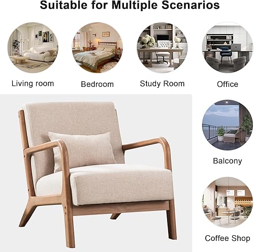 Miniatura 8 de ANJ Silla moderna con brazos, moderna de mediados de siglo, silla tapizada con almohada y marco de madera maciza, sillas cómodas de tela de lino